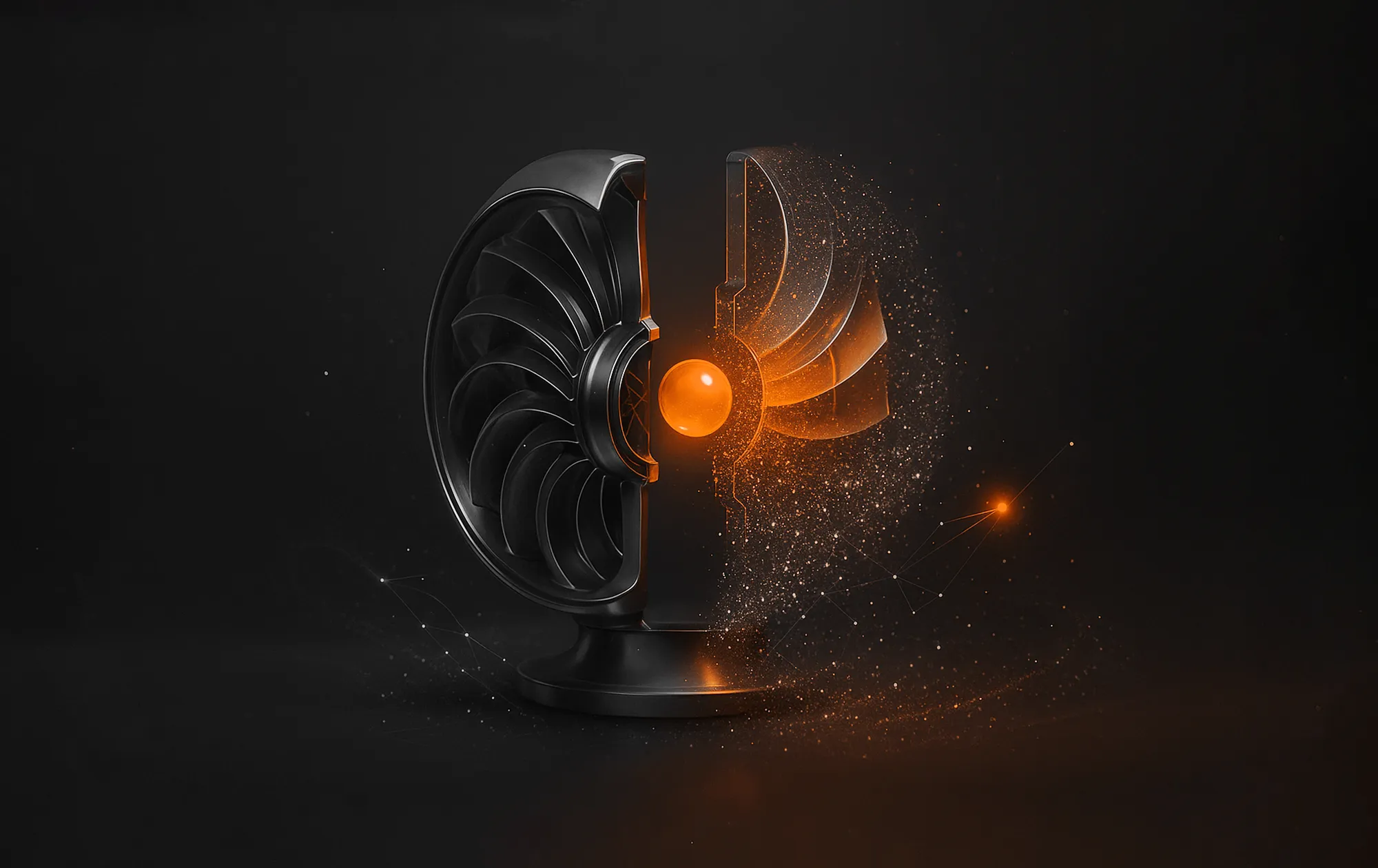 Stylized black turbine split with glowing orange sphere and particles, representing A/B landing page testing for cro.