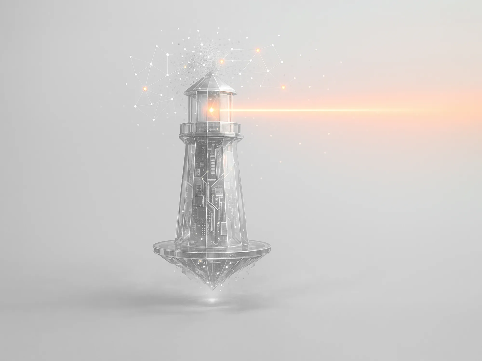 A digital lighthouse with an orange beam and network nodes evokes actionable marketing guidance and digital services.