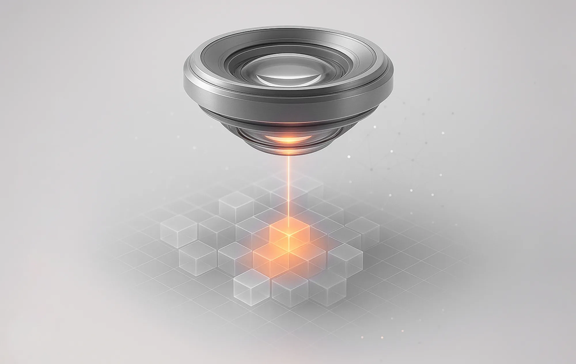 A metallic lens fires an orange laser onto a grid of translucent cubes, illustrating keyword research and targeting process.