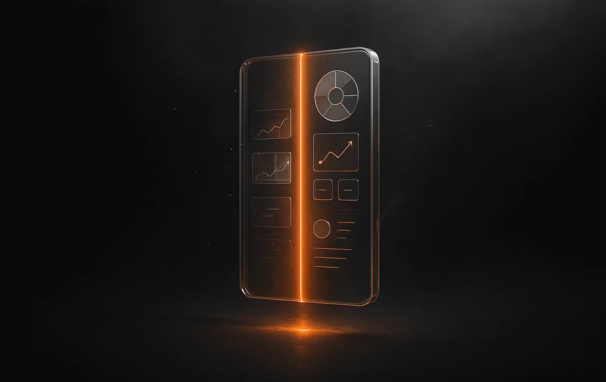 A transparent tile with charts and graphs, lit by orange light in darkness, illustrating website performance analytics.