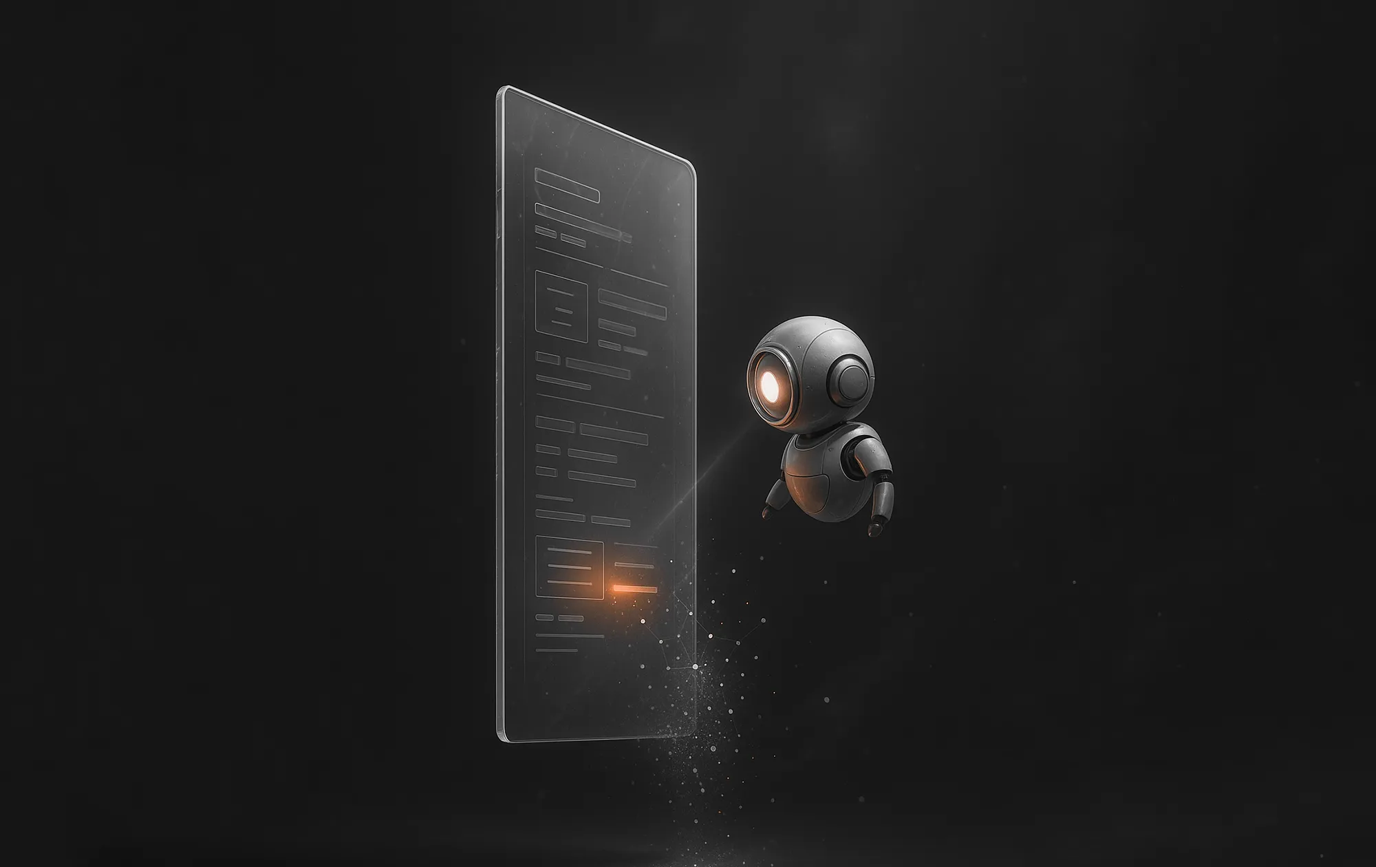 Small robot hovers in front of a transparent interface, scanning it as part of LLM search readiness assessment.