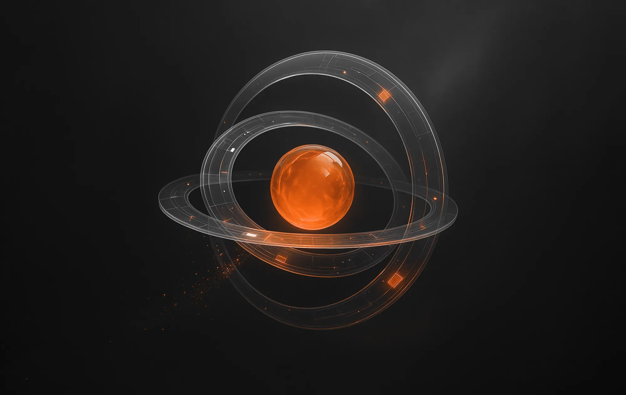 A glowing orange sphere with transparent rings and accents on dark background, illustrating AI search visibility tracking.