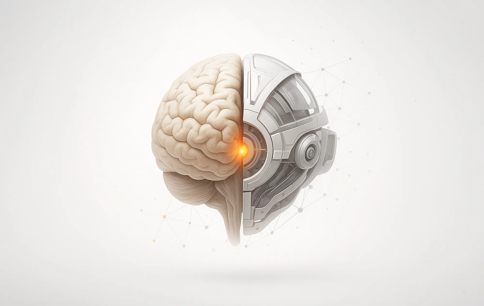 A human brain merging with a robotic half, visually representing ai-era search engine optimization in digital marketing.