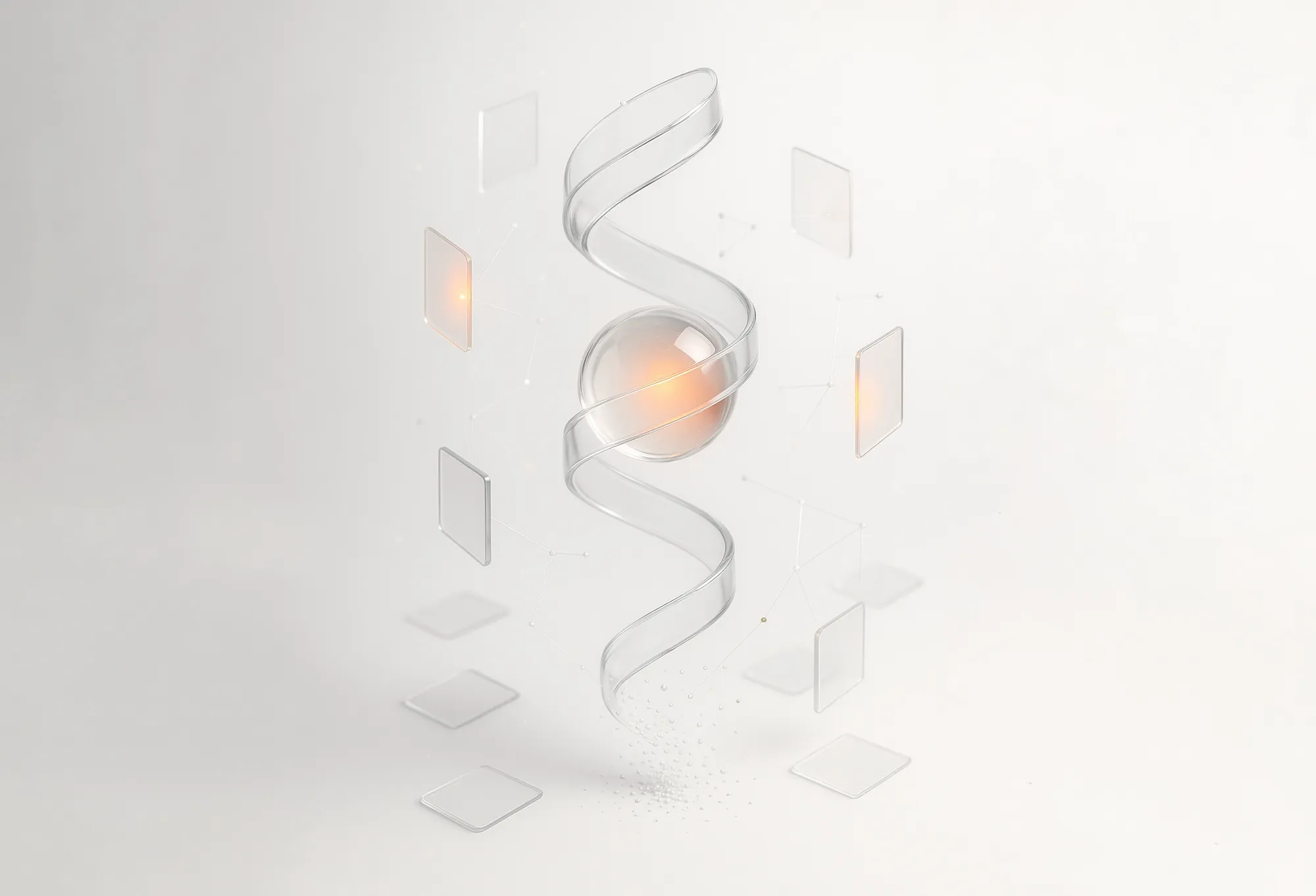 A translucent double helix twists around a glowing orange sphere, illustrating advanced analytics for data-driven decisions.