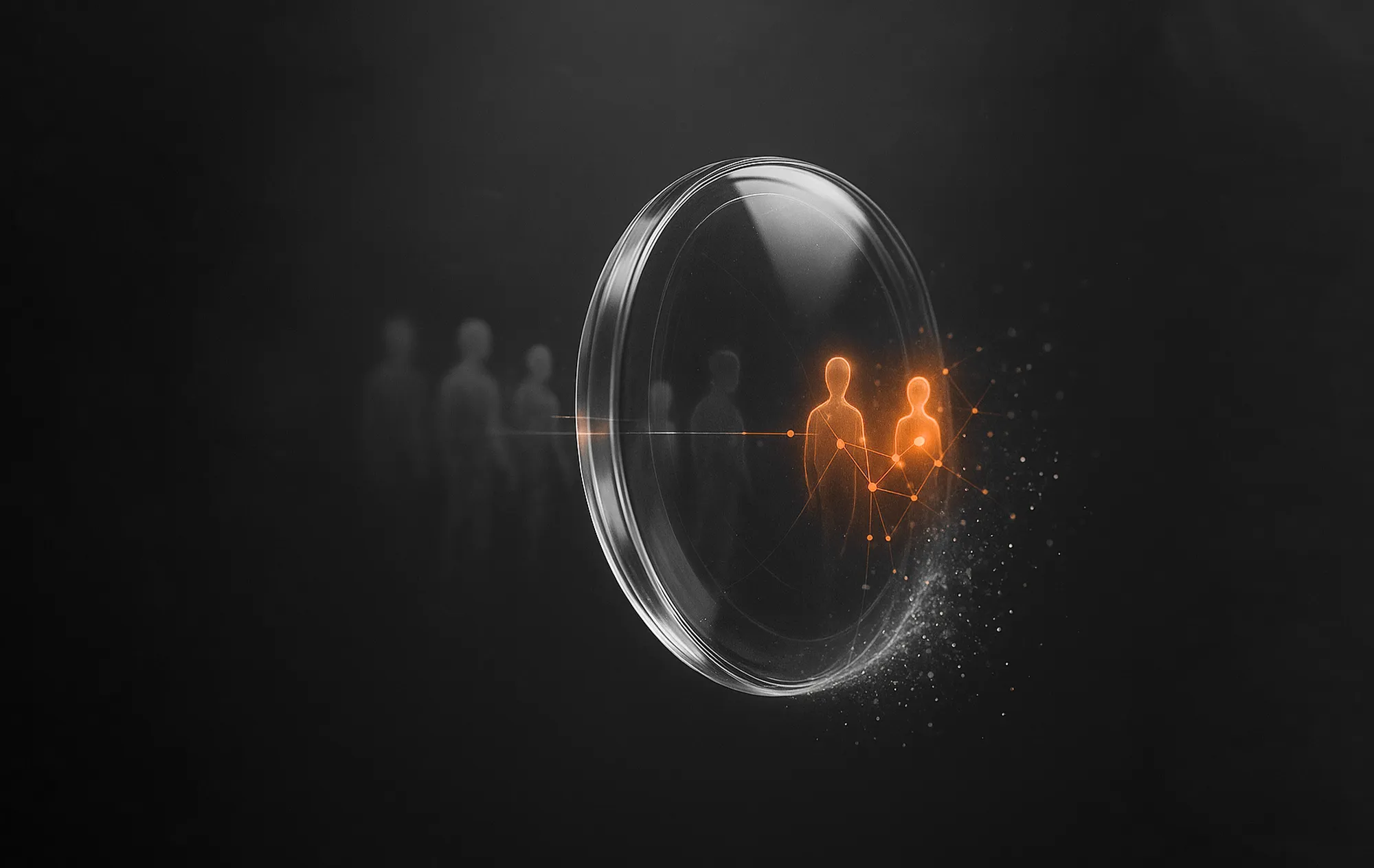 Lens focusing on selected glowing figures within a crowd, illustrating our Facebook audience insights process.