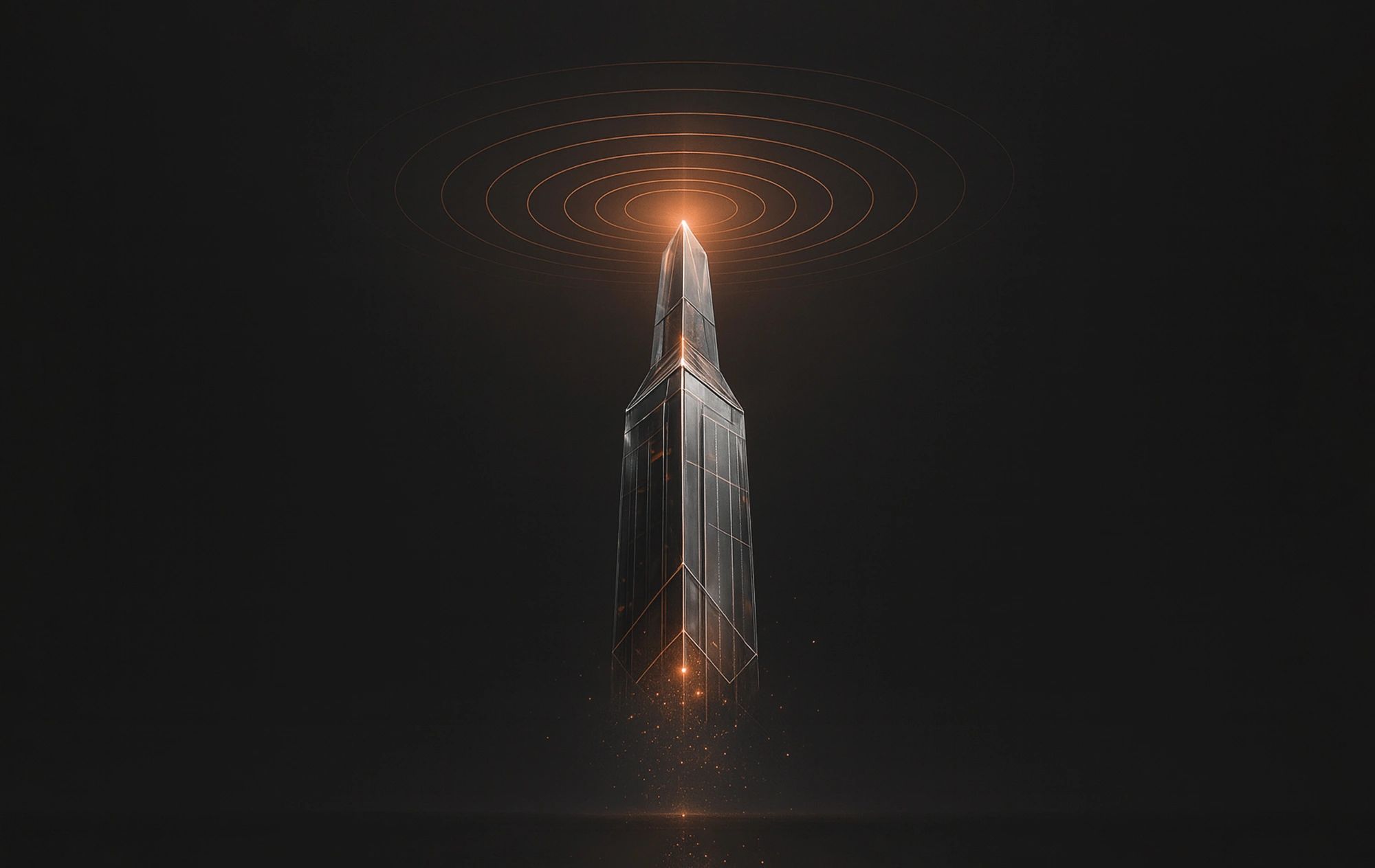 A tall metallic tower emits orange light rings against a dark backdrop, representing digital authority building in SEO.