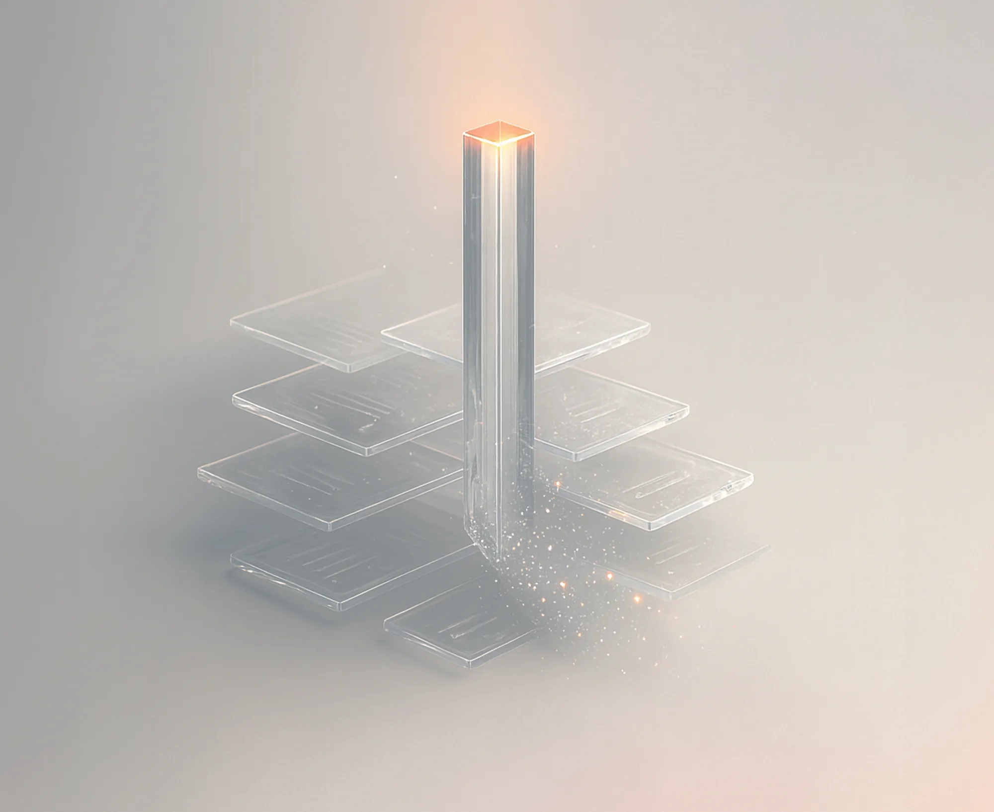 Tall transparent pillar with glowing squares, representing how search ads boost a brand to the top of Google.