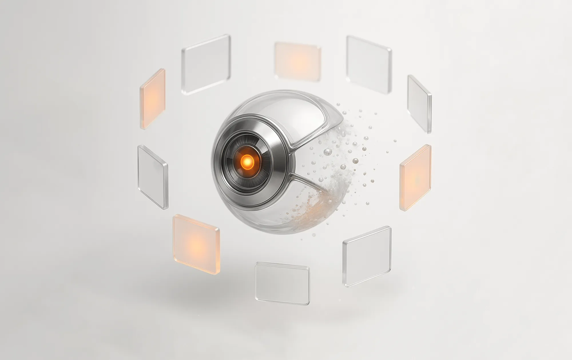 Abstract sphere with orange center surrounded by digital panels, symbolizing retargeting to boost conversions.