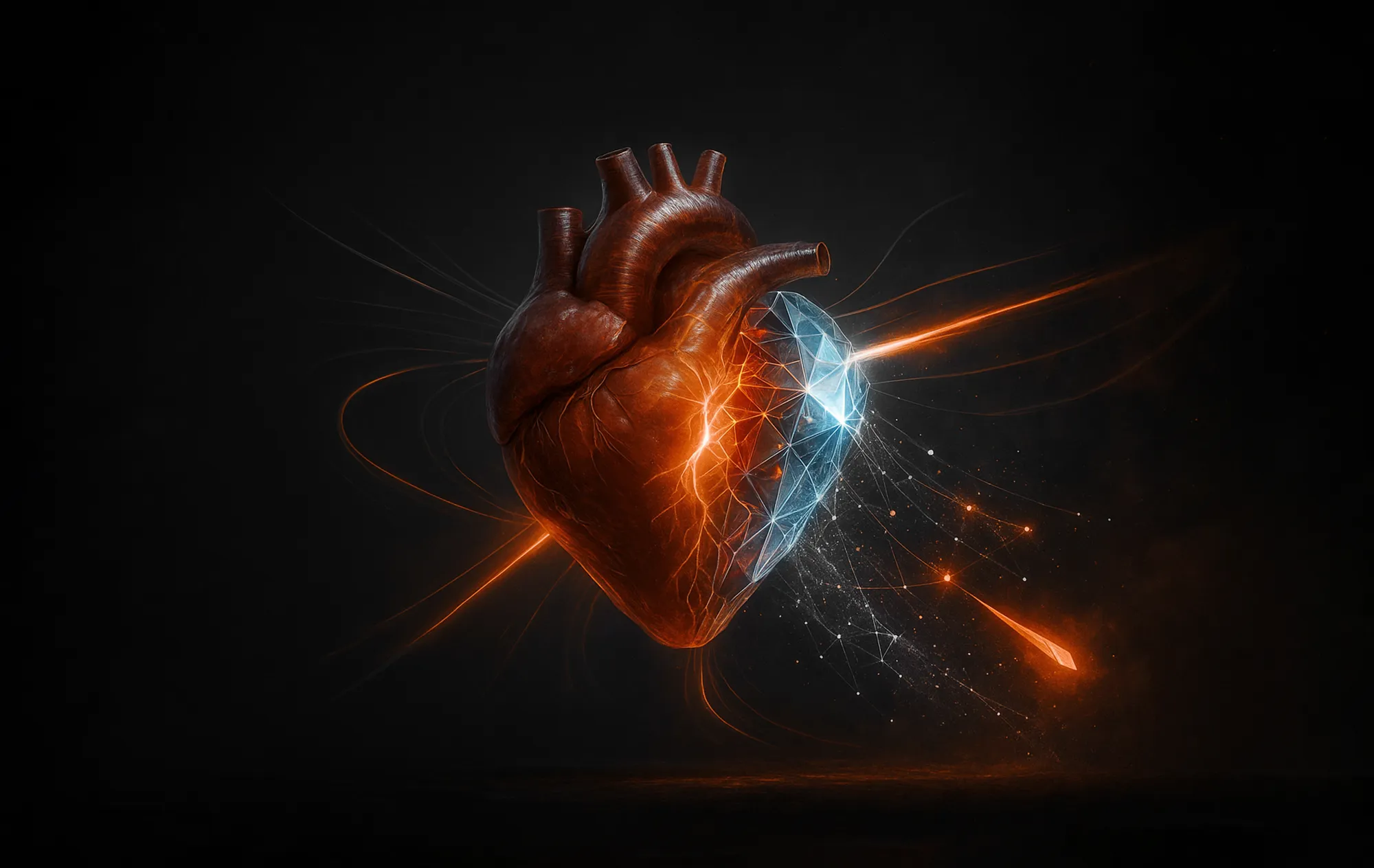A realistic heart merged with faceted blue crystal, orange, and blue lights, representing community engagement on Facebook.