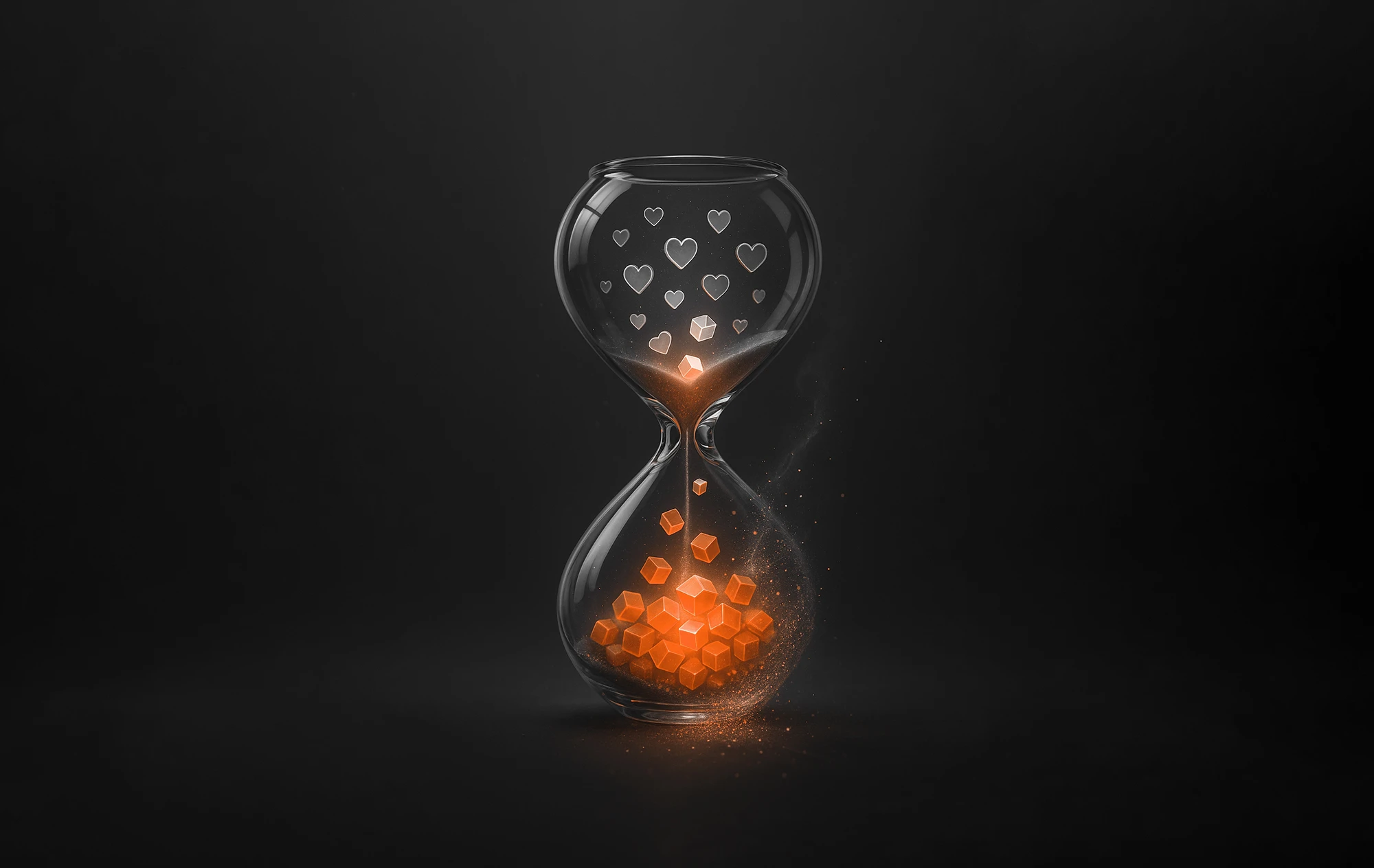 Hourglass transforming hearts into glowing cubes, symbolizing boosting conversions and revenue.