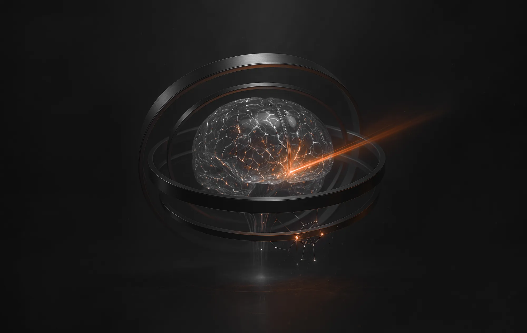 A transparent brain with glowing neural links and metallic rings, evoking brand mapping in AI search.