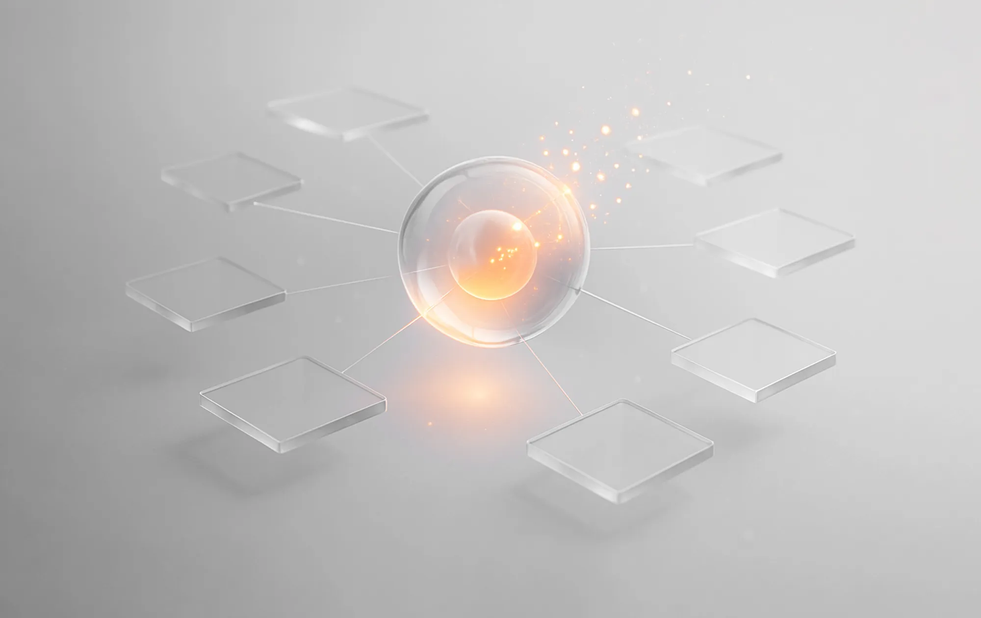 Orange sphere connects to surrounding clear tiles, symbolizing how display ads help build brand awareness.
