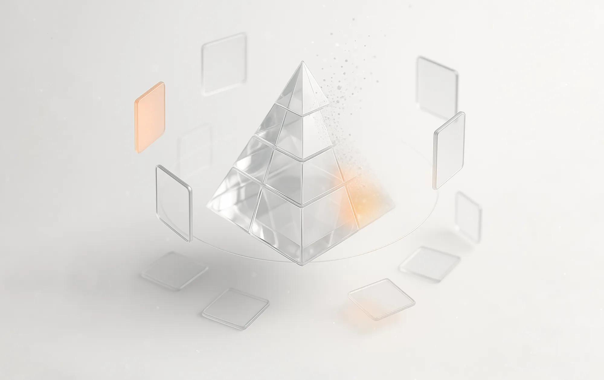 Transparent pyramid with floating orange and translucent squares, illustrating building unified messaging and brand identity.