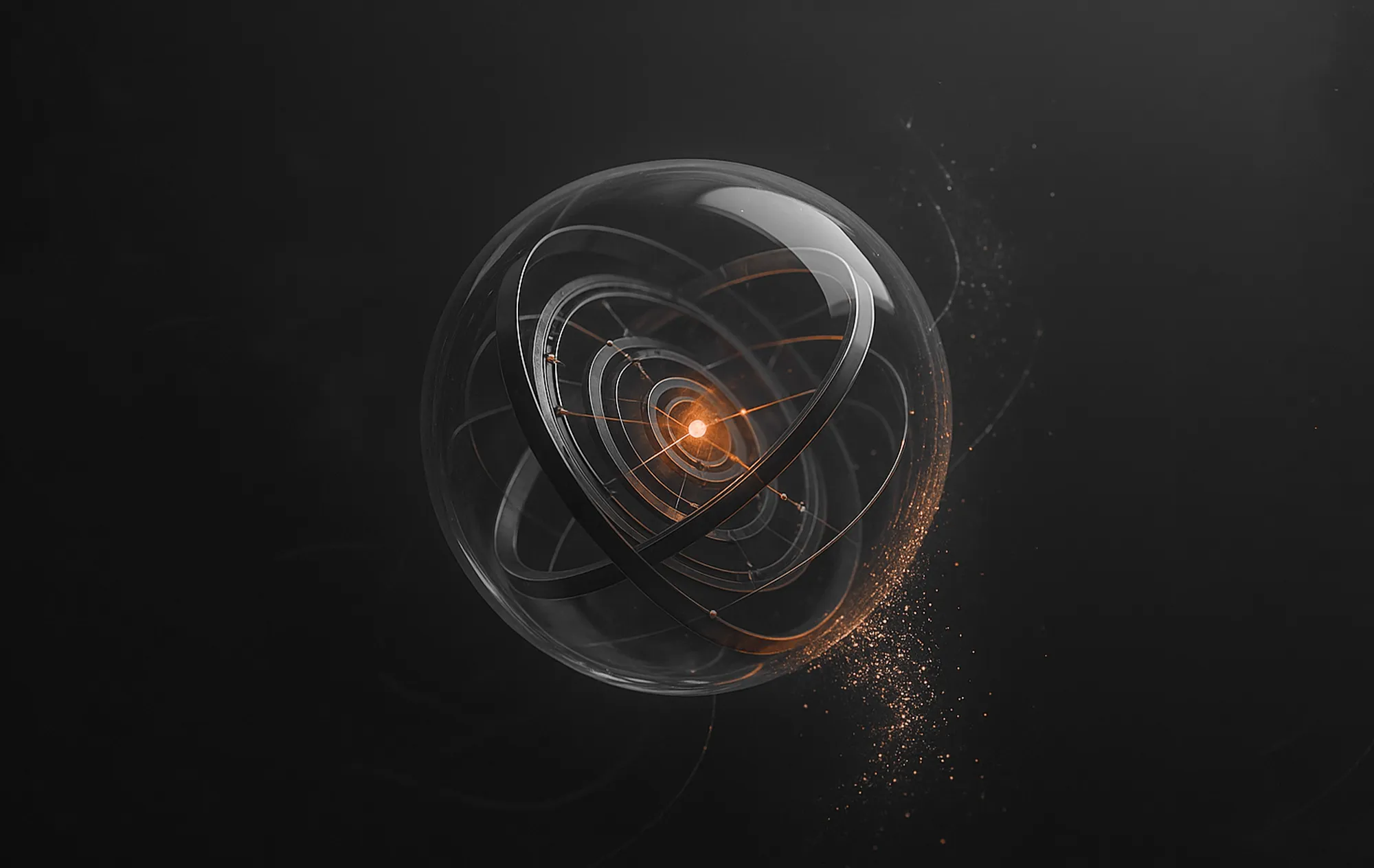 Glass sphere with glowing orange center and orbiting rings, illustrating data-driven campaign management and optimization.