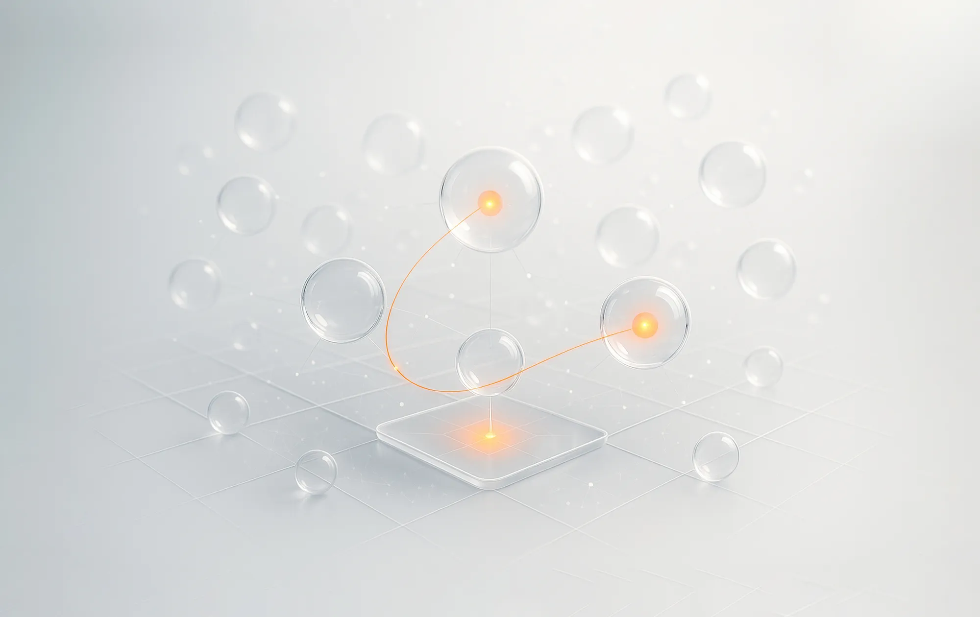 Glowing linked spheres above a digital grid, representing citation building and listings management in local SEO.