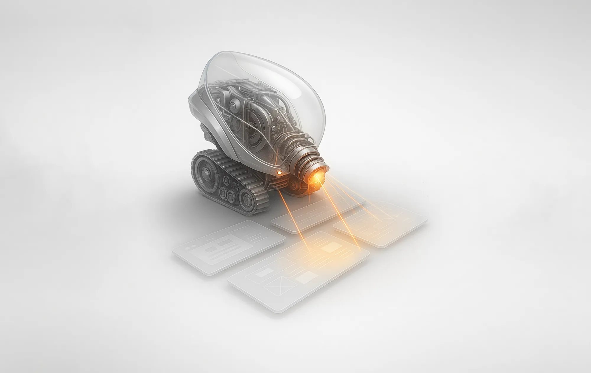 A small robot with a clear shield scans flat panels with orange lasers, illustrating competitor website analysis.