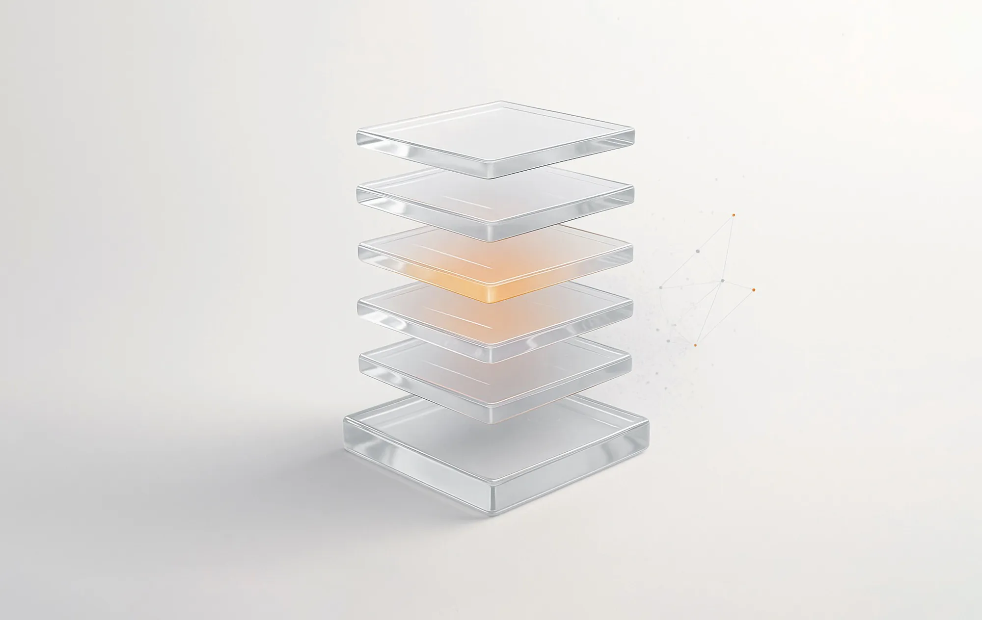 Stacked transparent glass-like squares with an orange glow evoke clarity and depth for a comprehensive on-page SEO audit.