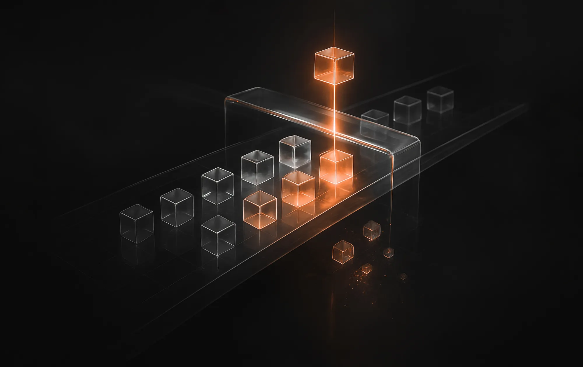 Transparent cubes on a dark backdrop, with one glowing orange cube raised, illustrating seo content audit clarity.