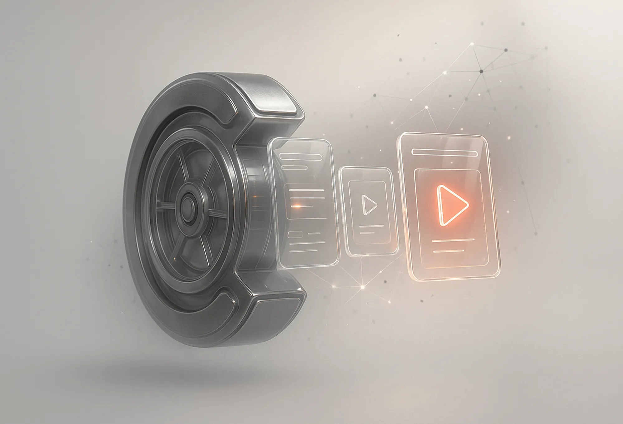 A metallic movie machine produces floating digital screens, representing innovative content marketing strategies.