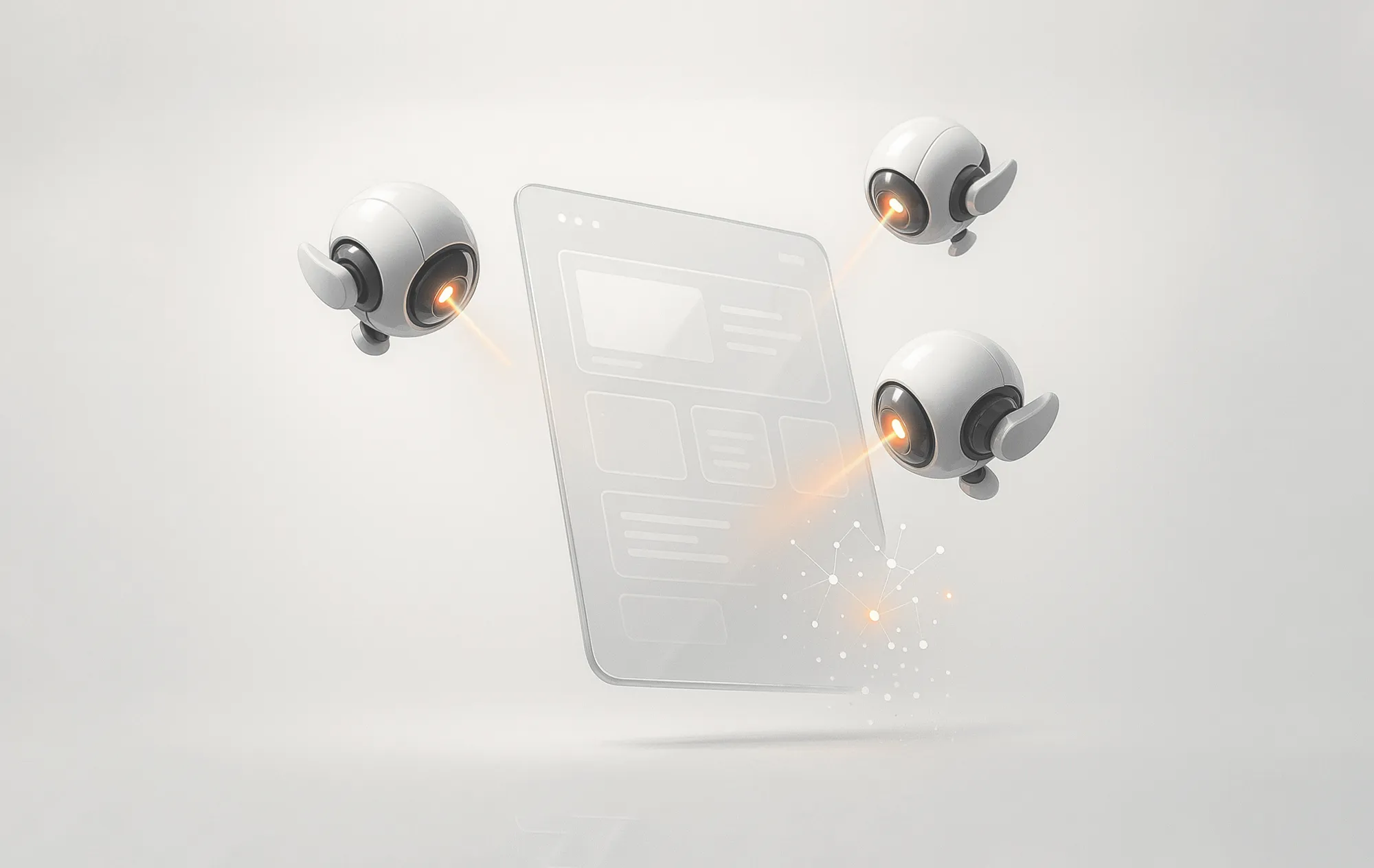 Three floating drones emit orange beams onto a digital display, representing conversion rate optimization.