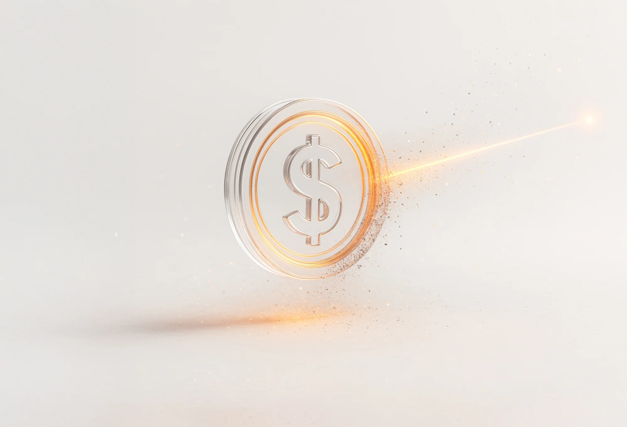 Transparent coin with dollar sign floats amid glowing orange light, representing cost-effective video advertising.