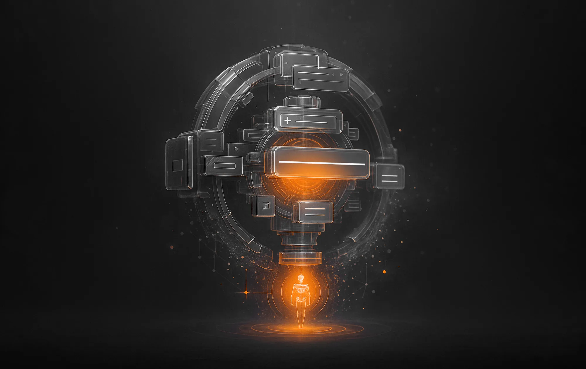 A human figure under a glowing orange orb and futuristic structure, representing landing page optimization.