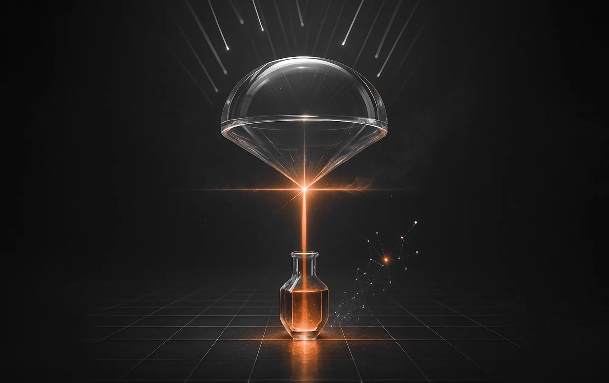 Lines flow into a glass dome, merging into one orange beam entering a bottle, symbolizing conversion rate optimization.