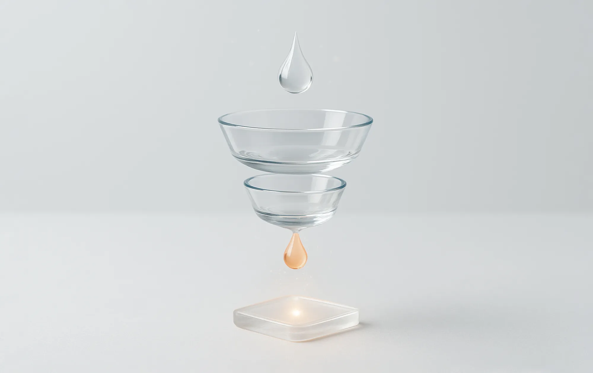 Stacked glass funnels channel droplets into one point, representing conversion rate optimization.