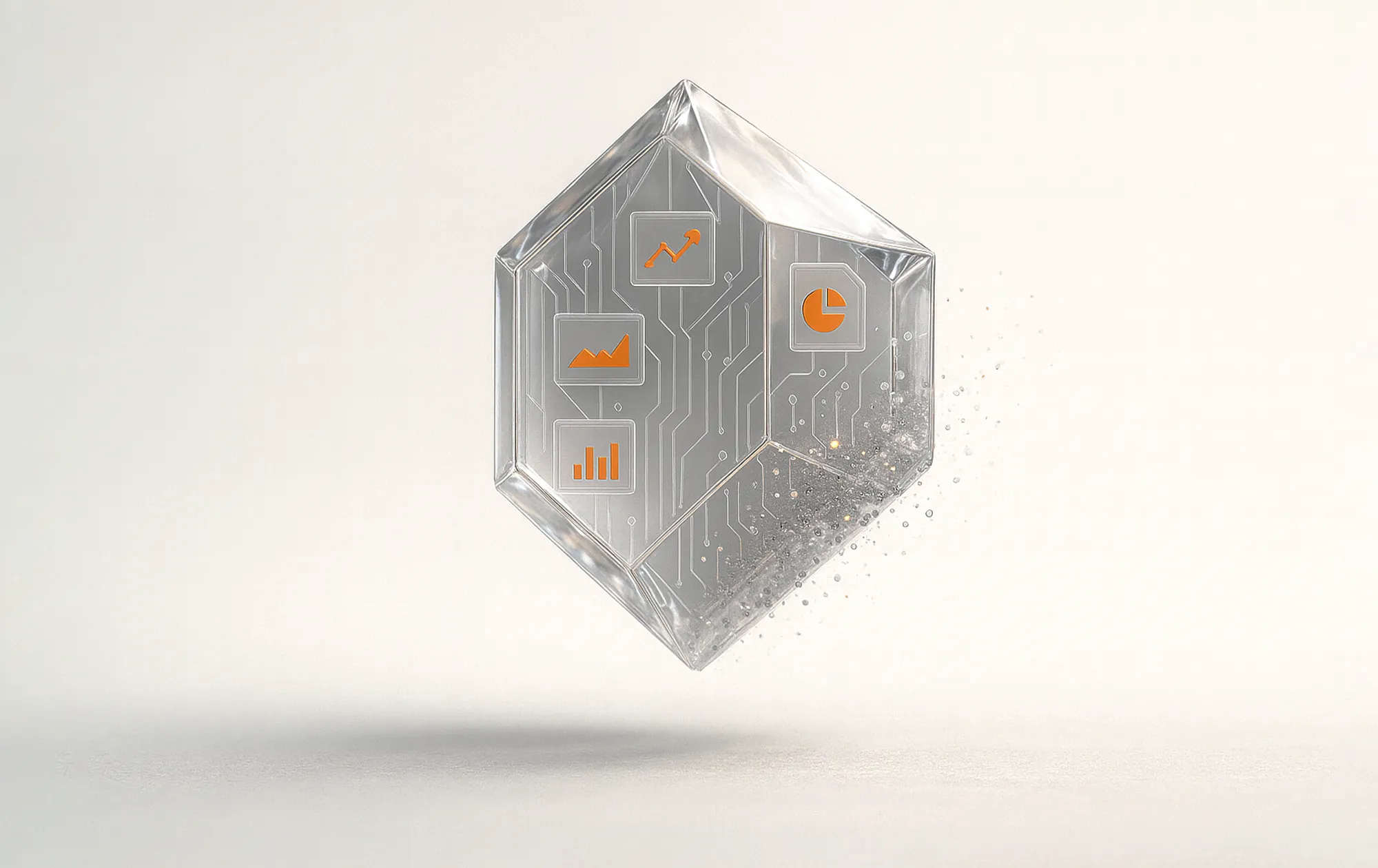 A translucent hexagon with circuit patterns holds orange analytics icons, illustrating advanced web analytics and reporting.