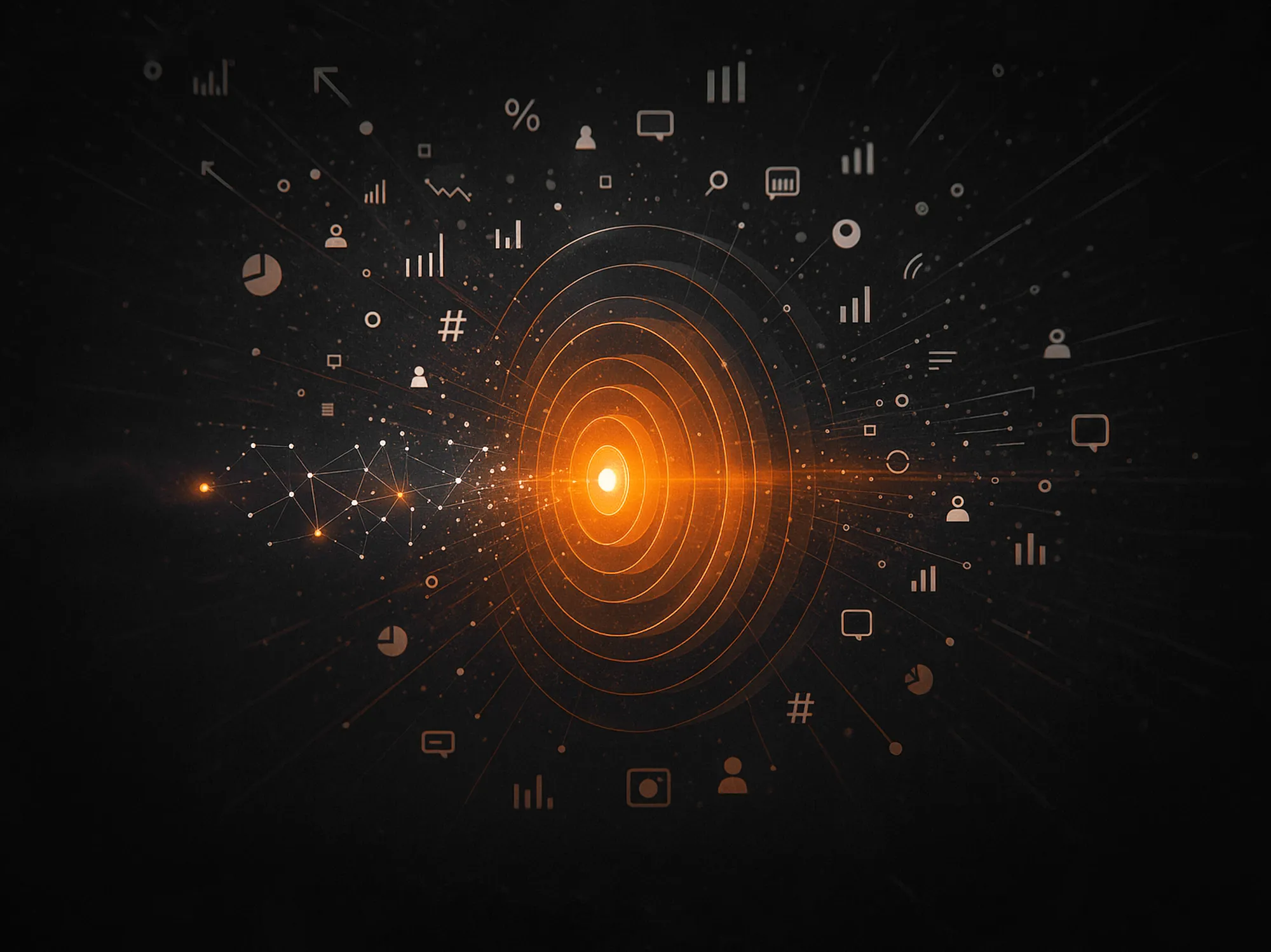 Concentric orange circles and tech icons on a dark background, illustrating data-driven social media advertising strategies.