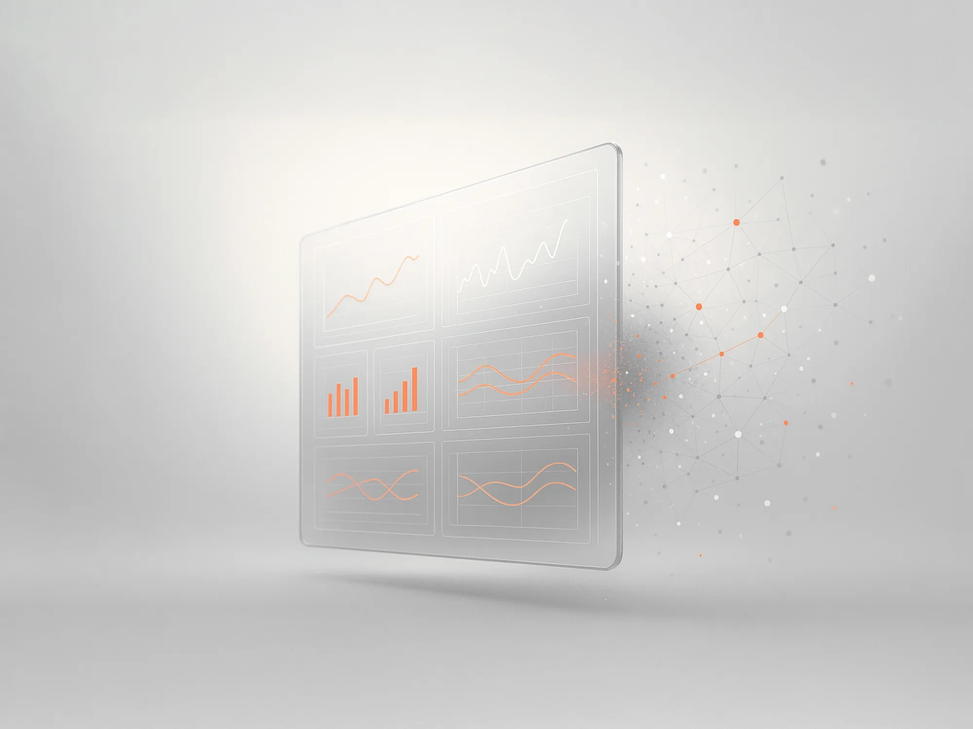 A transparent digital screen with orange and white graphs, illustrating data-driven recommendations for smarter marketing.