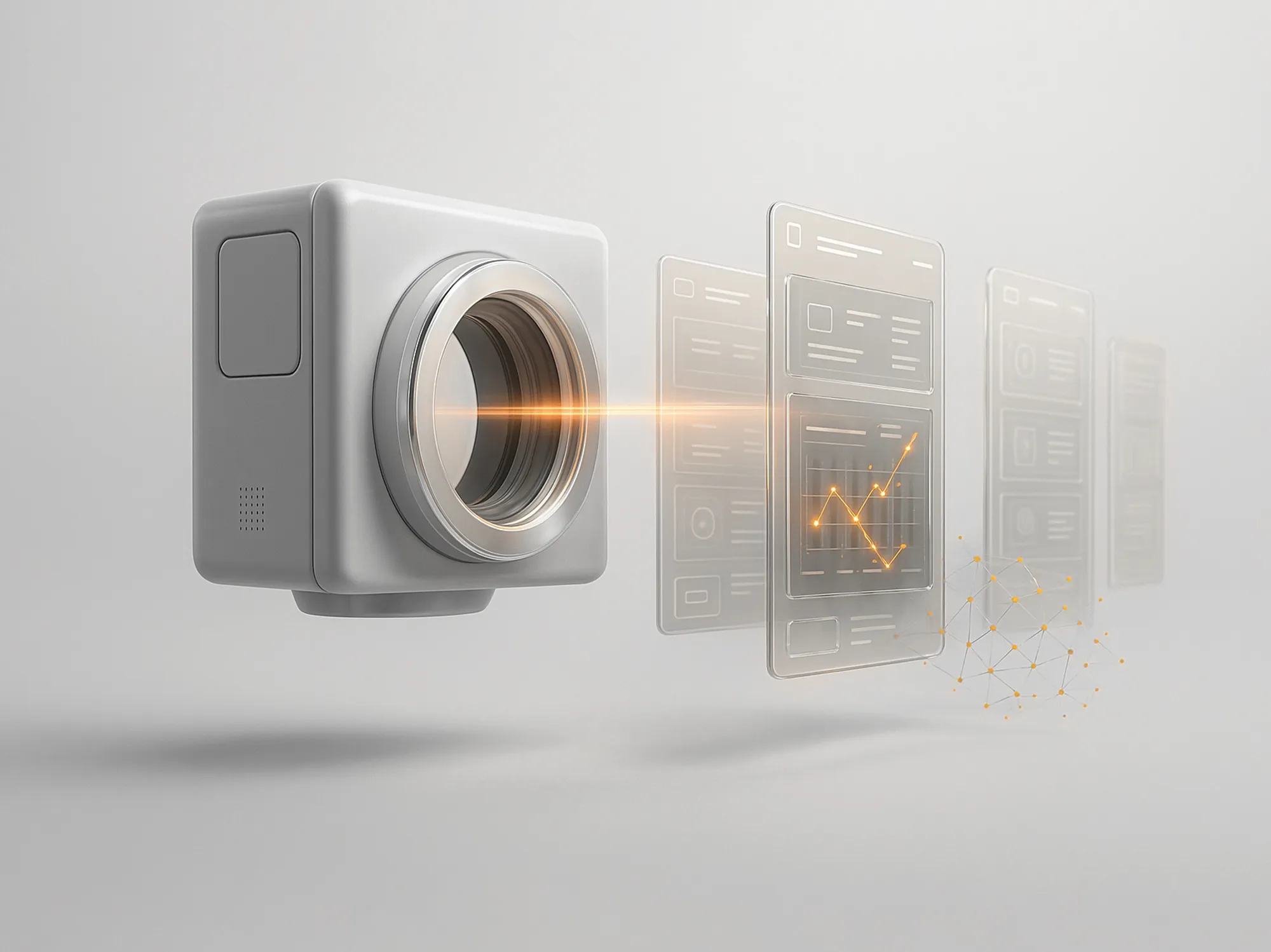 Gray box-shaped camera projects orange beam through transparent data screens with graphs, illustrating competitive analysis.