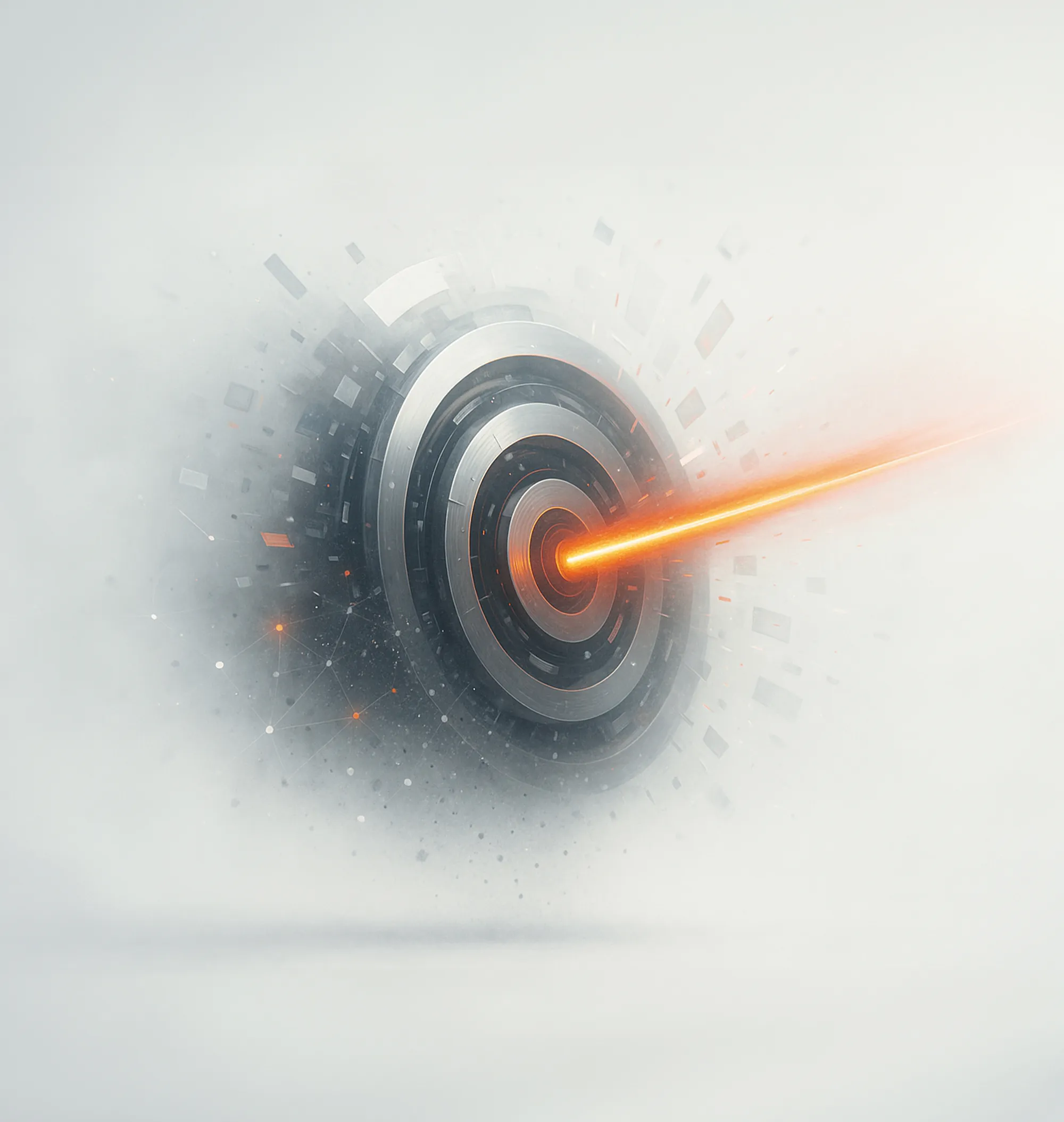 A glowing orange beam targets a black and white bullseye amid geometric shapes, symbolizing digital advertising accuracy.