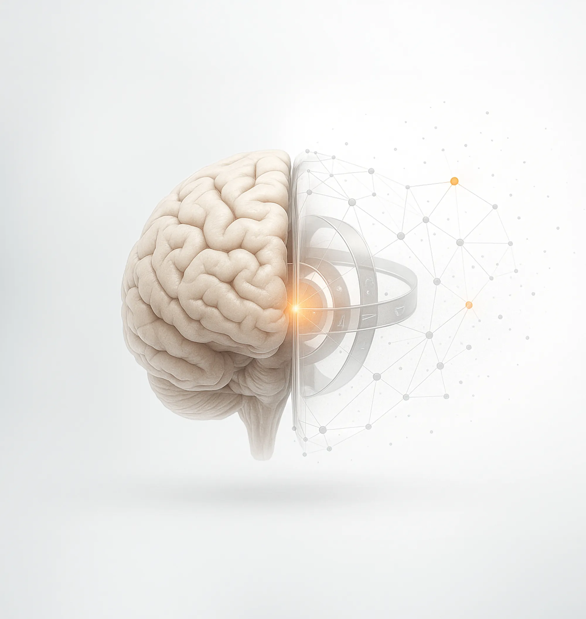 A human brain model with the right half morphing into digital nodes and lines, illustrating innovative digital marketing strategy.