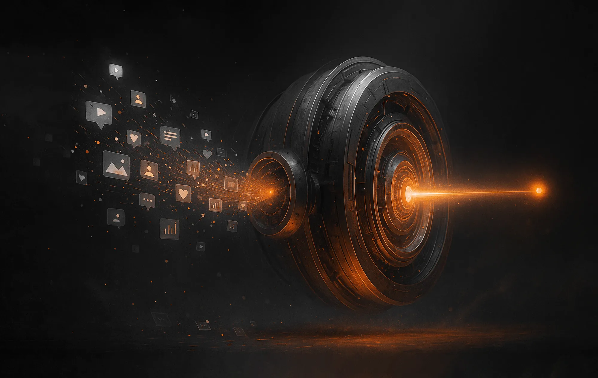 Abstract metallic sphere releasing digital icons and a glowing beam, symbolizing driving website traffic and conversions.