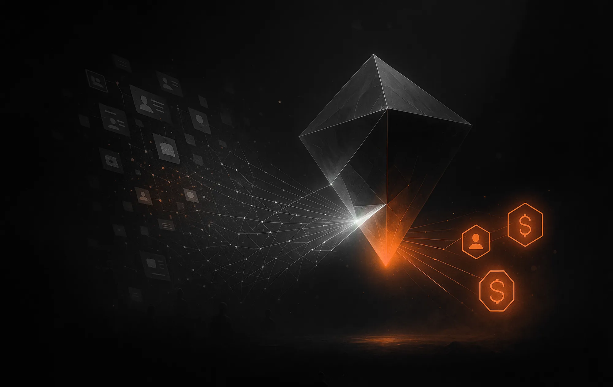 Abstract dark prism with orange icons and digital network lines, symbolizing B2B lead generation on LinkedIn.