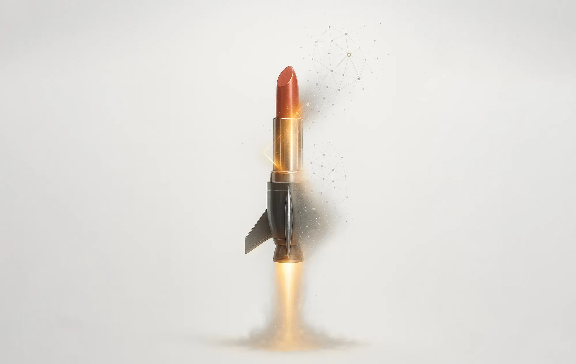 Lipstick rocket launches with fiery exhaust and network graphics, illustrating e-commerce product page optimization success.