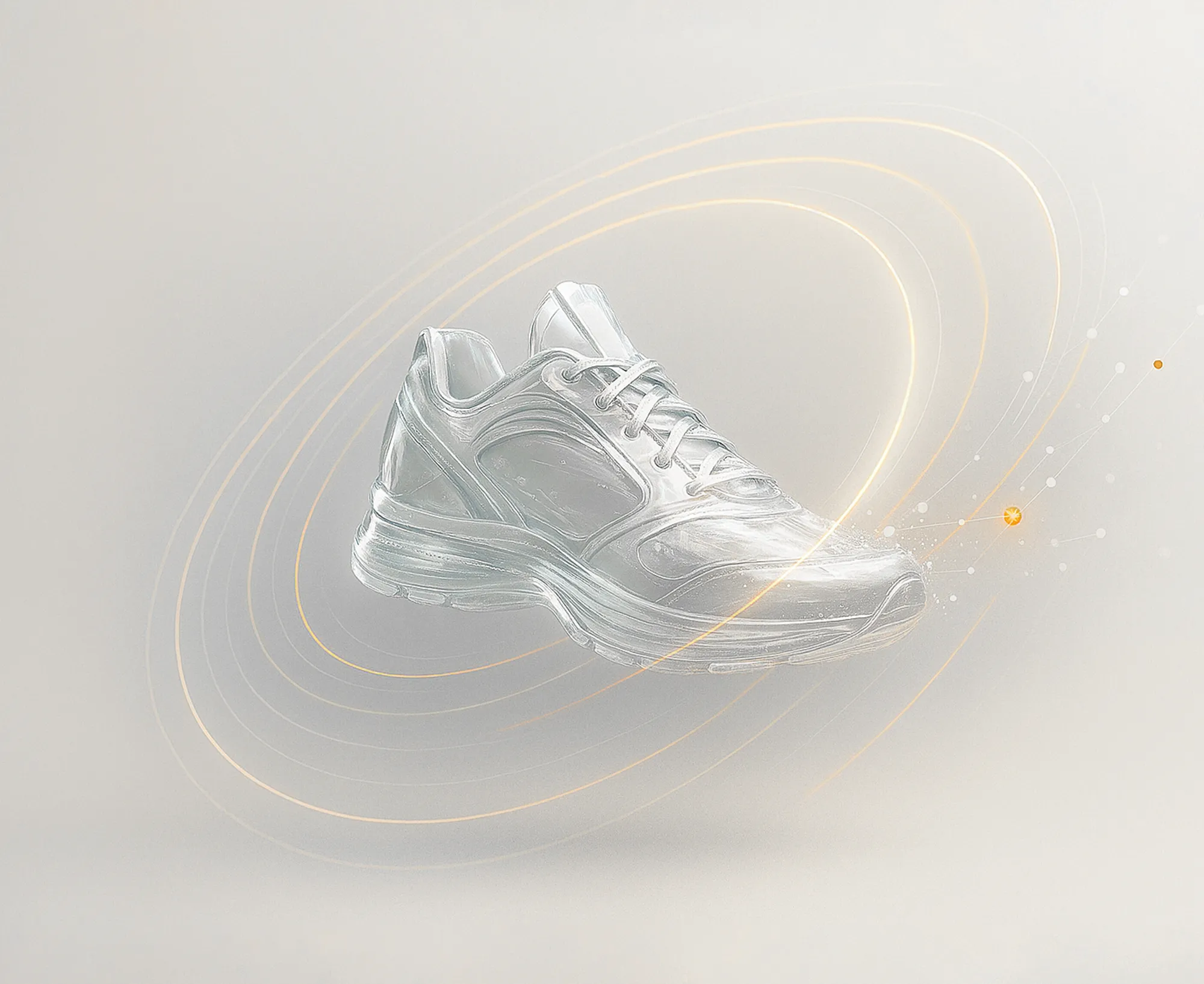 A transparent athletic shoe floats amid swirling orange and white light trails, evoking dynamic E-commerce PPC Services.