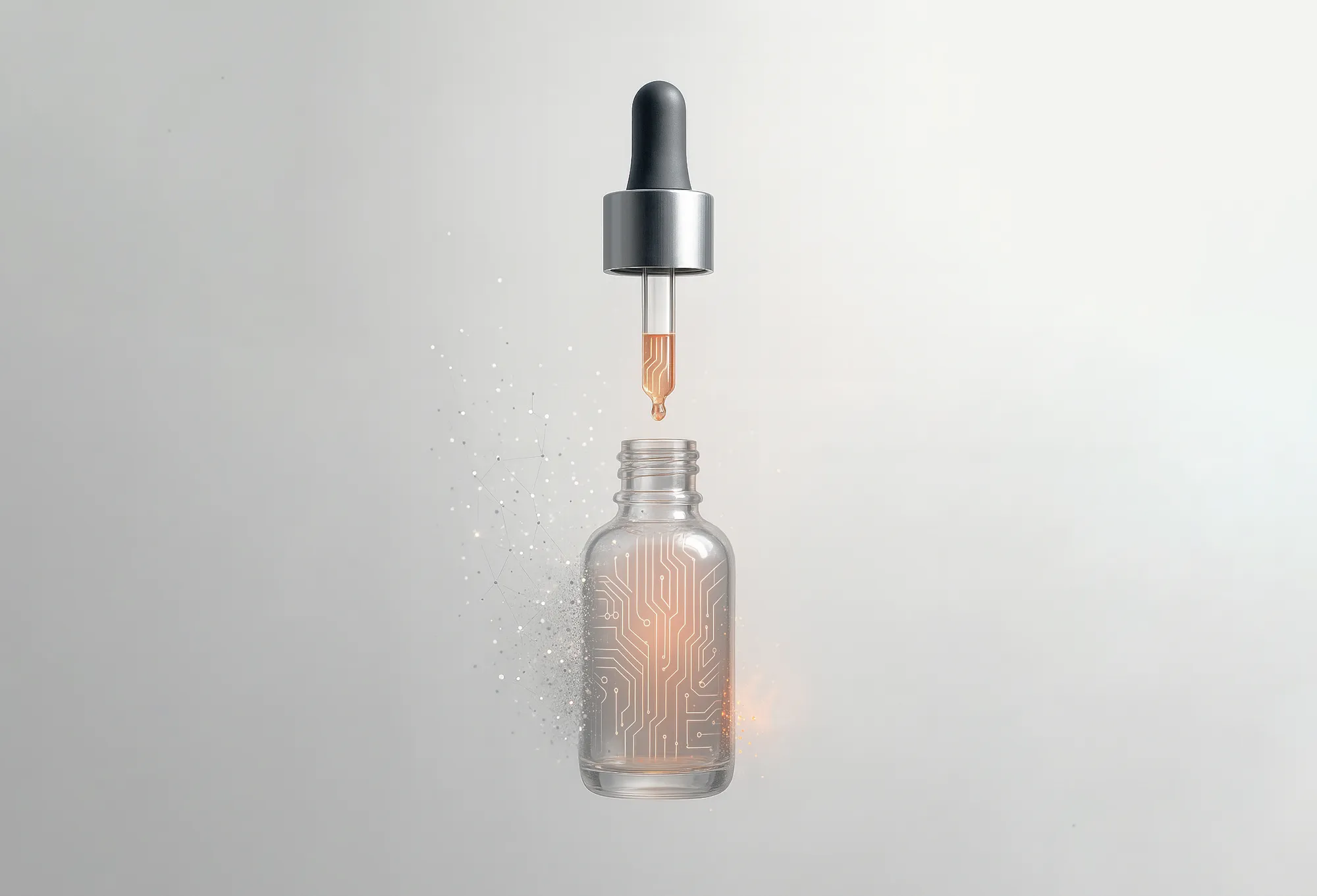 A glass dropper bottle with a circuit motif holds glowing liquid, illustrating e-commerce SEO strategies for boosting sales.