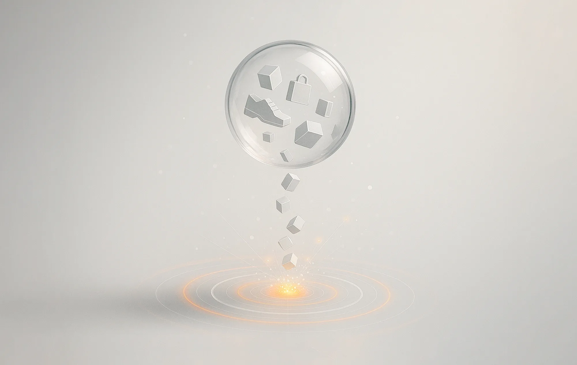 A transparent sphere with shopping icons and cubes hovers over an orange target, illustrating eCommerce PPC services.