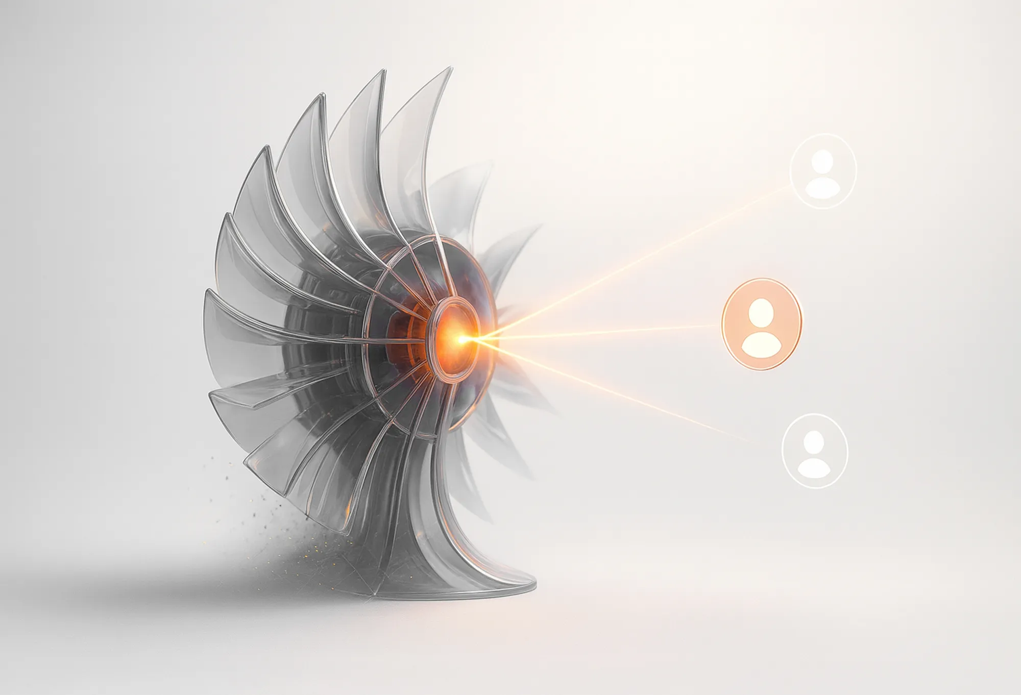 A turbine-like shape sends orange beams to user icons, illustrating targeted and personalized email marketing strategies.