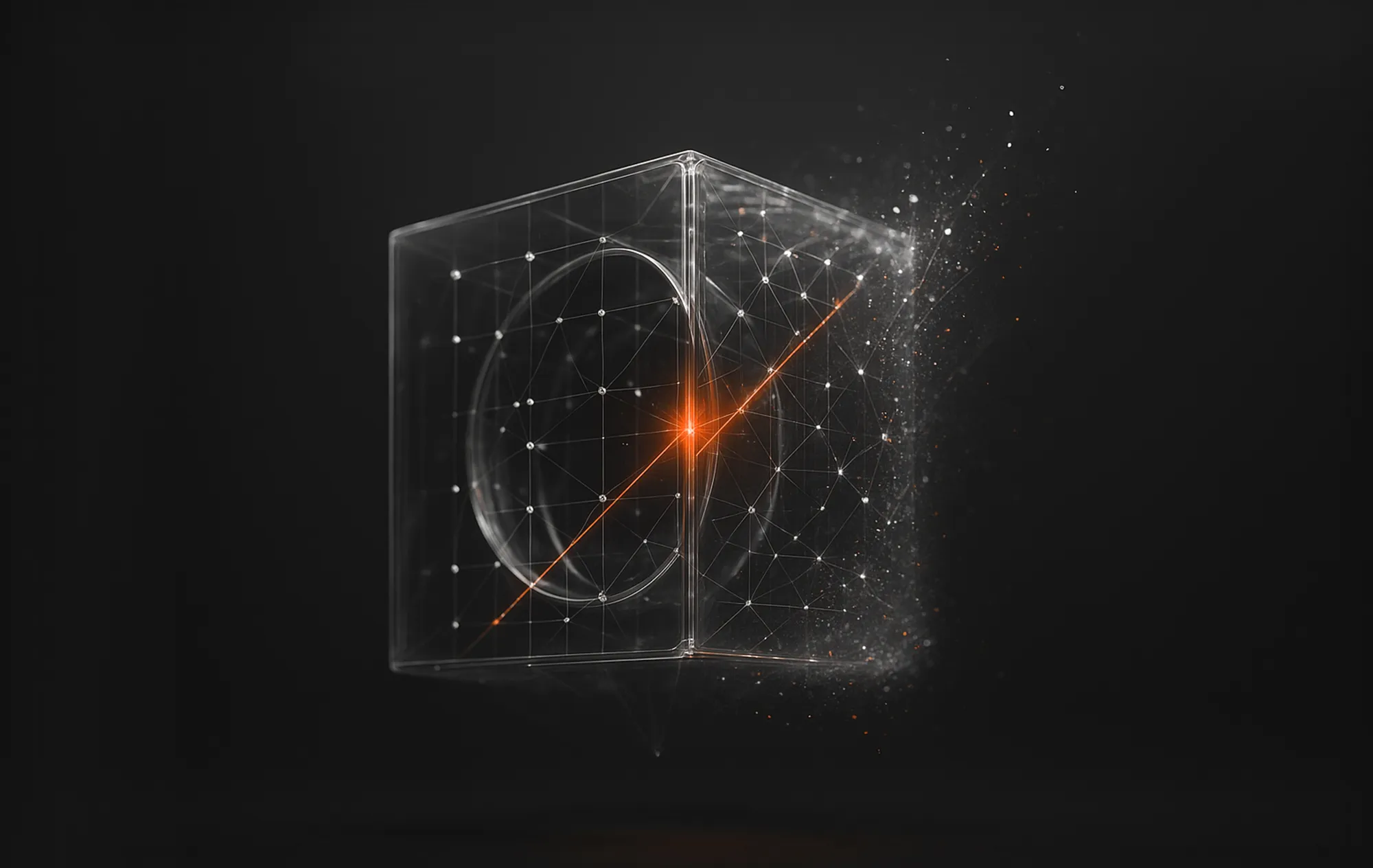 Transparent 3D cube with glowing nodes and orange diagonal line, symbolizing a Facebook advertising audit.