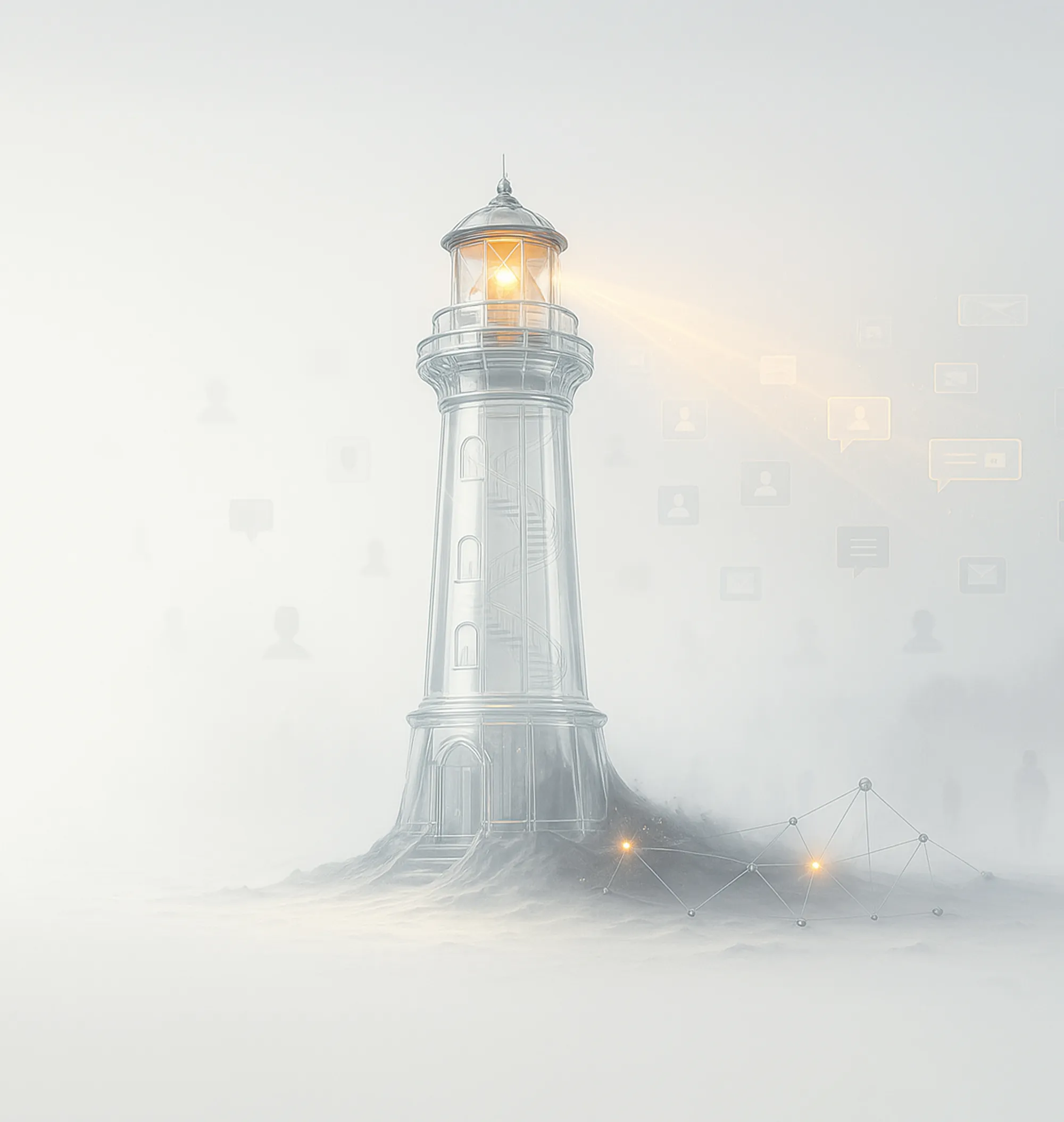 Lighthouse shines in a hazy abstract scene with icons and network lines, a metaphor for search engine optimization guidance.