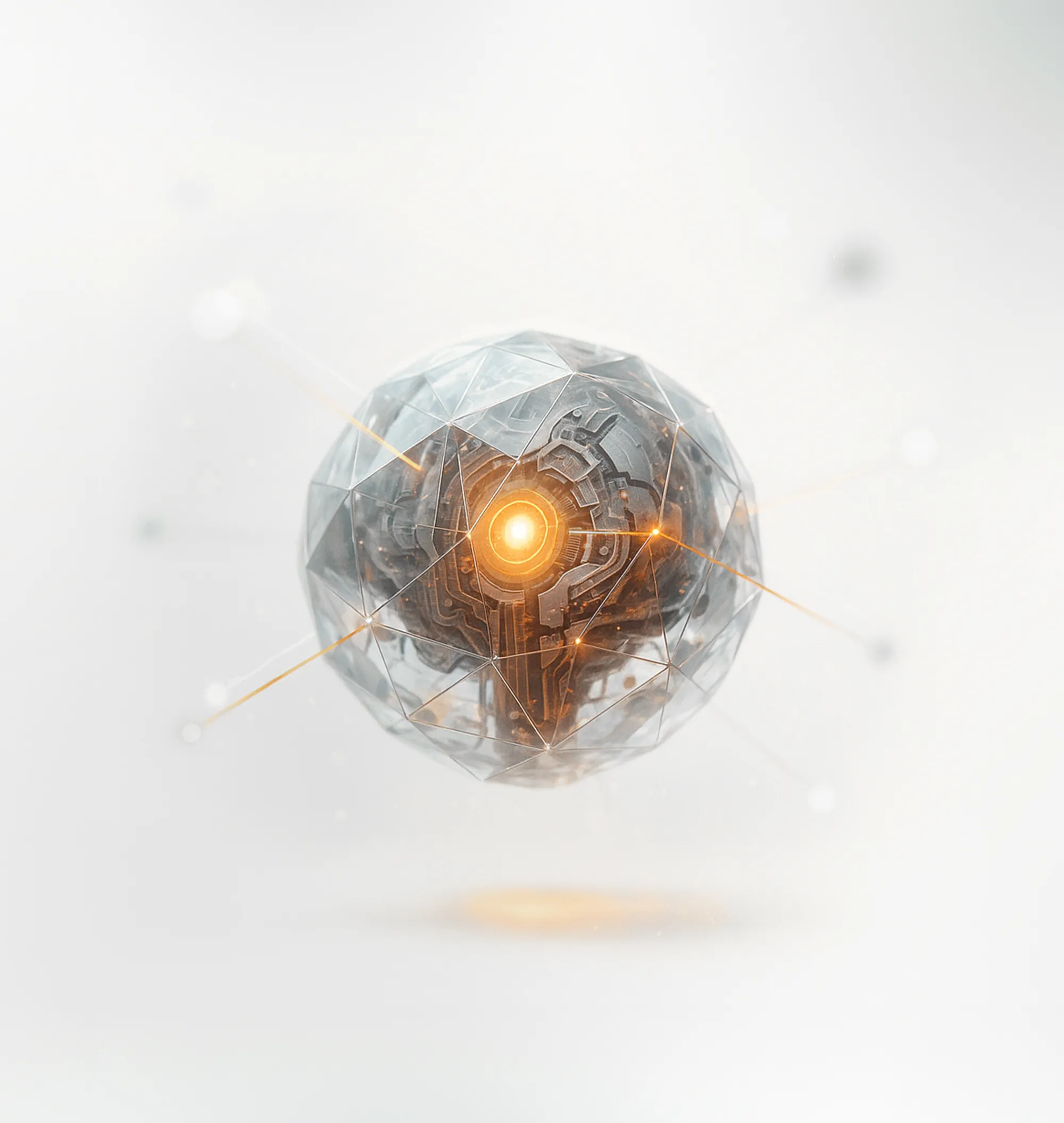 Abstract metallic sphere with orange core and beams, illustrating GA4 Analytics data analysis.