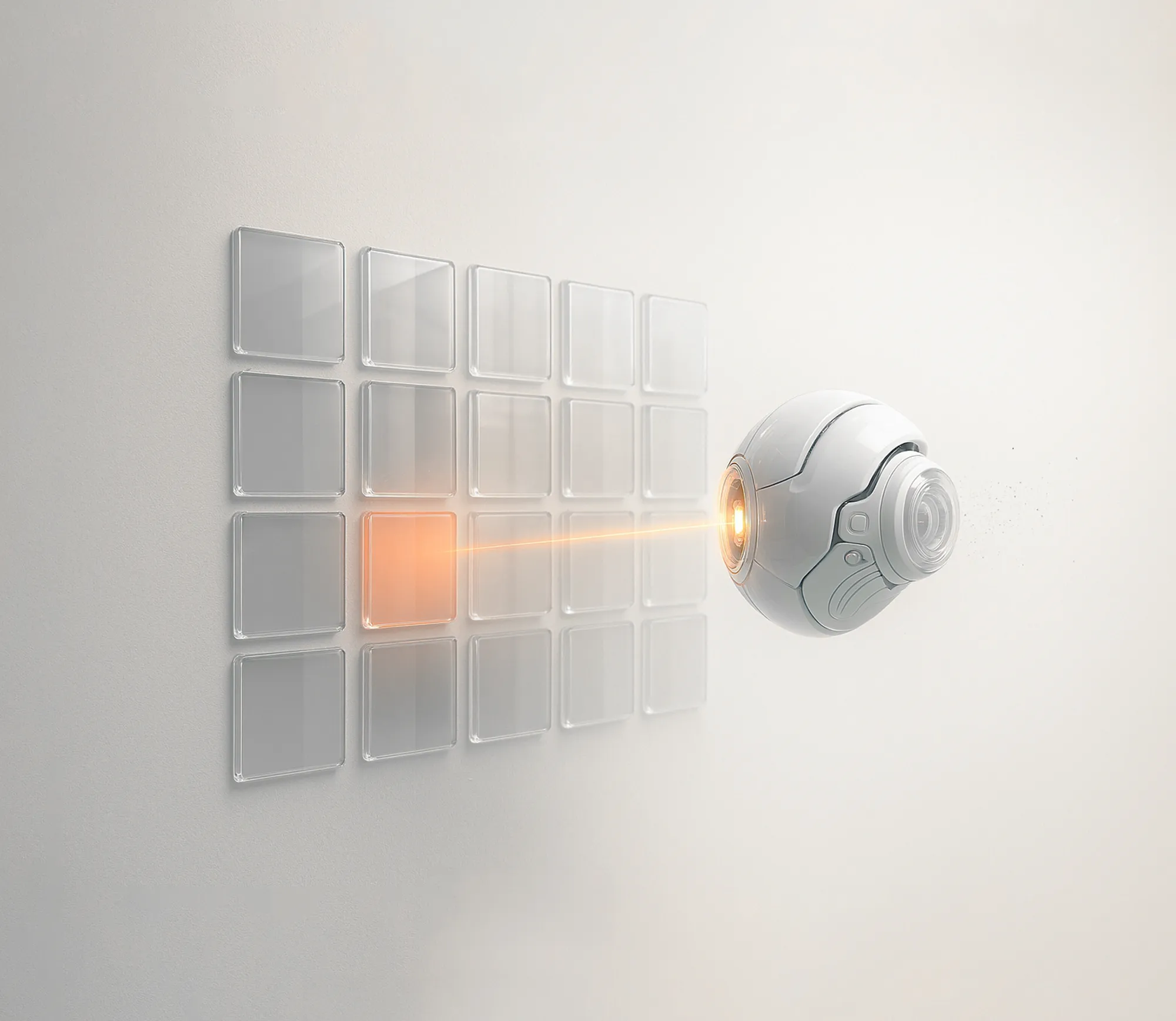 Futuristic robotic eye projects an orange beam onto digital tiles, representing generative engine optimization on a website.