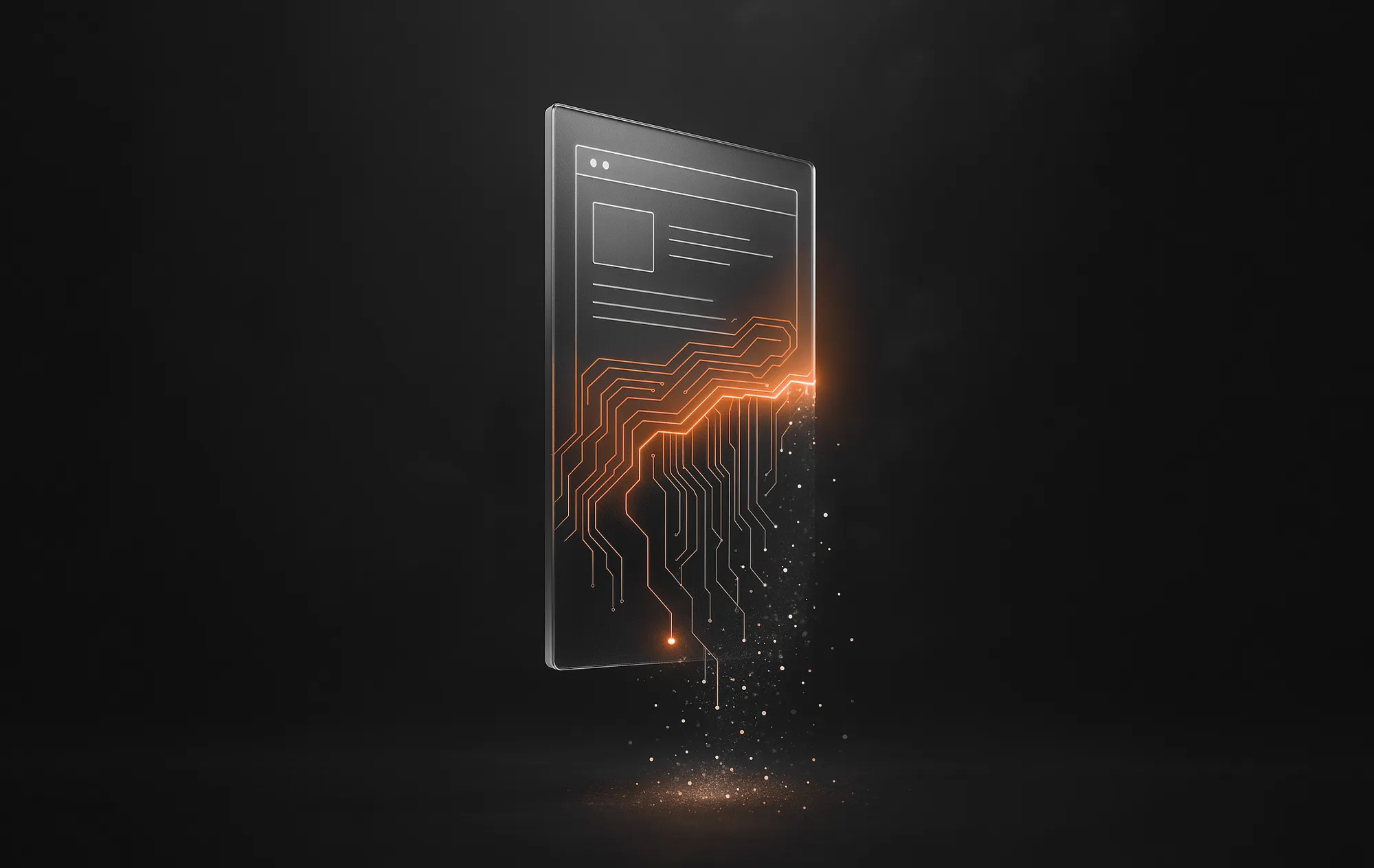 Floating tile with orange circuit lines dissolving into particles, illustrating geo-driven content creation.