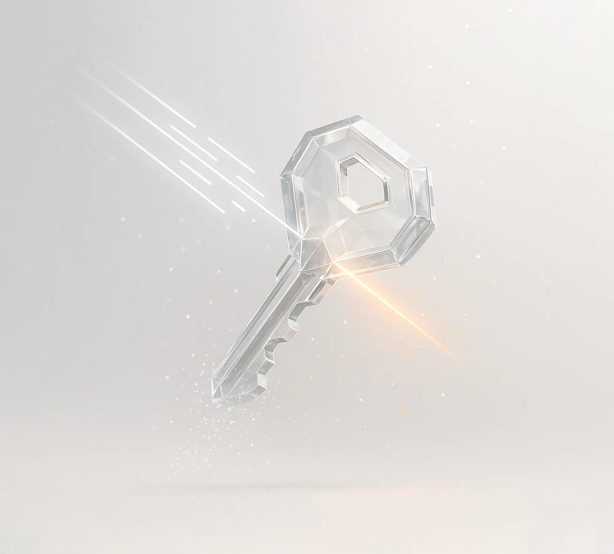 Glowing crystal key on white backdrop, illustrating Google Search Ads unlocking growth for businesses.