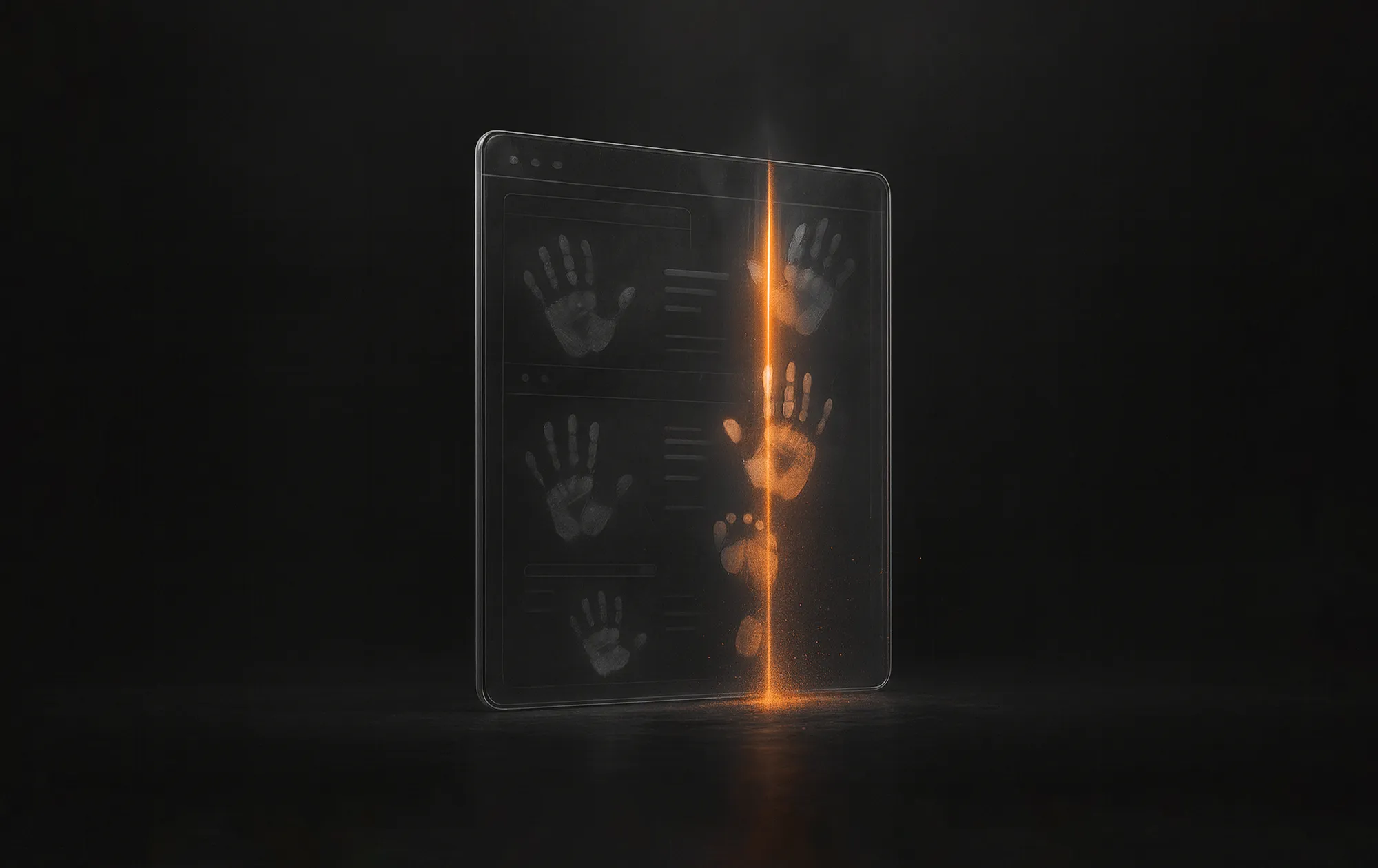 Transparent glass panel with handprints and an orange glowing line, illustrating heatmaps and visitor behavior tracking.