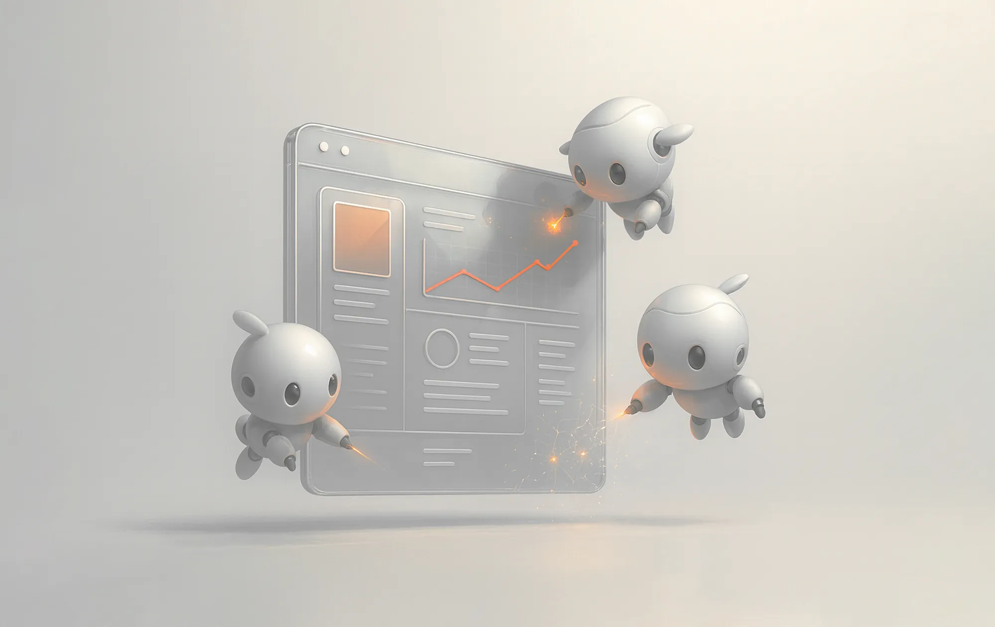 Two small robots analyze a digital dashboard, illustrating how Google Analytics aids website performance improvements.