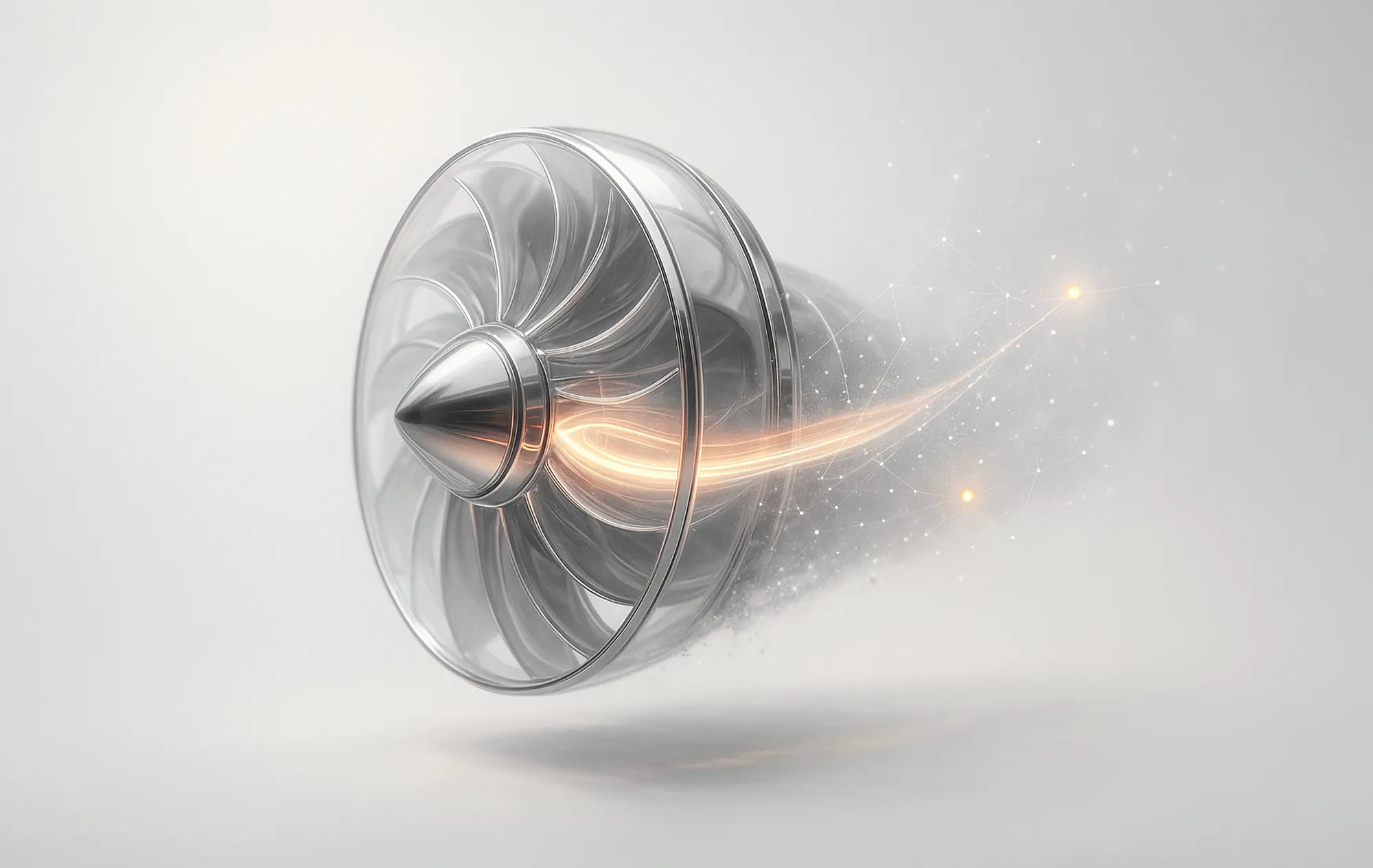 Metallic jet engine turbine with orange energy trail, evoking high-speed image optimization for enhanced web performance.